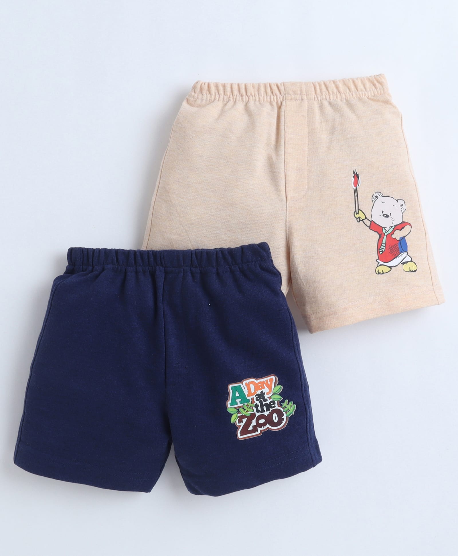 BUMZEE Cotton Knit Pack Of 2 Bear & A Day At The Zoo Text Printed Shorts - Beige & Navy Blue-picture-10