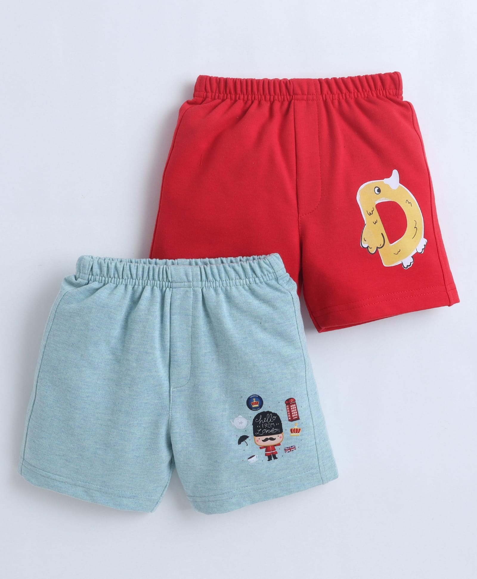 BUMZEE Cotton Knit Pack Of 2 Duck & Soldier Printed Shorts - Red & Sea Green-picture-21