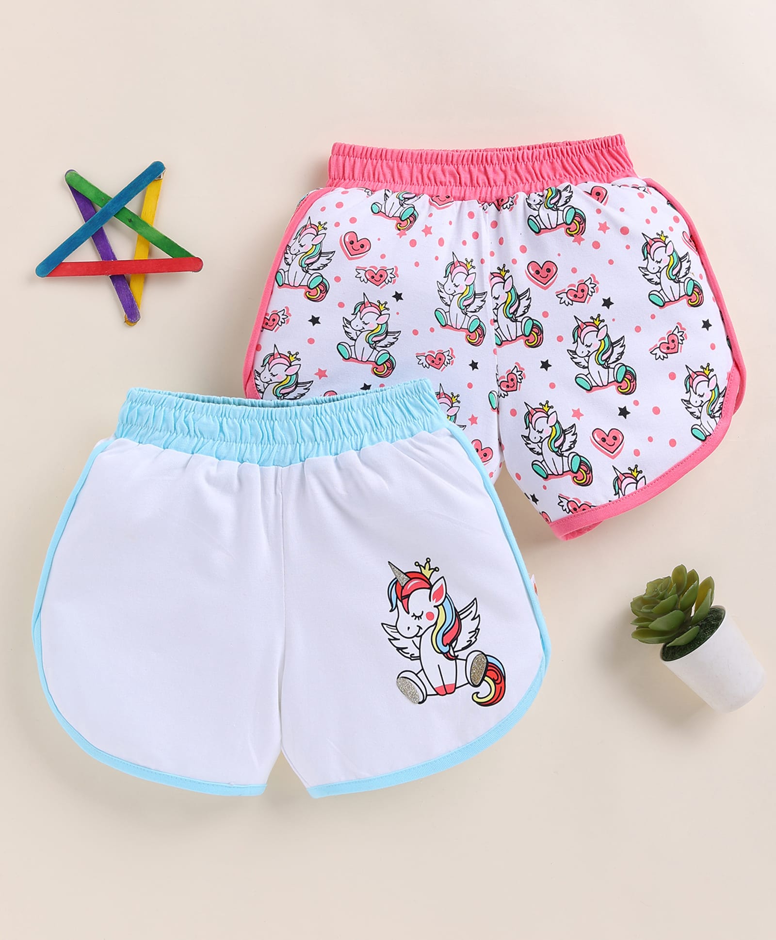 BUMZEE Cotton Knit Pack Of 2 Unicorn Printed Shorts - White-picture-15