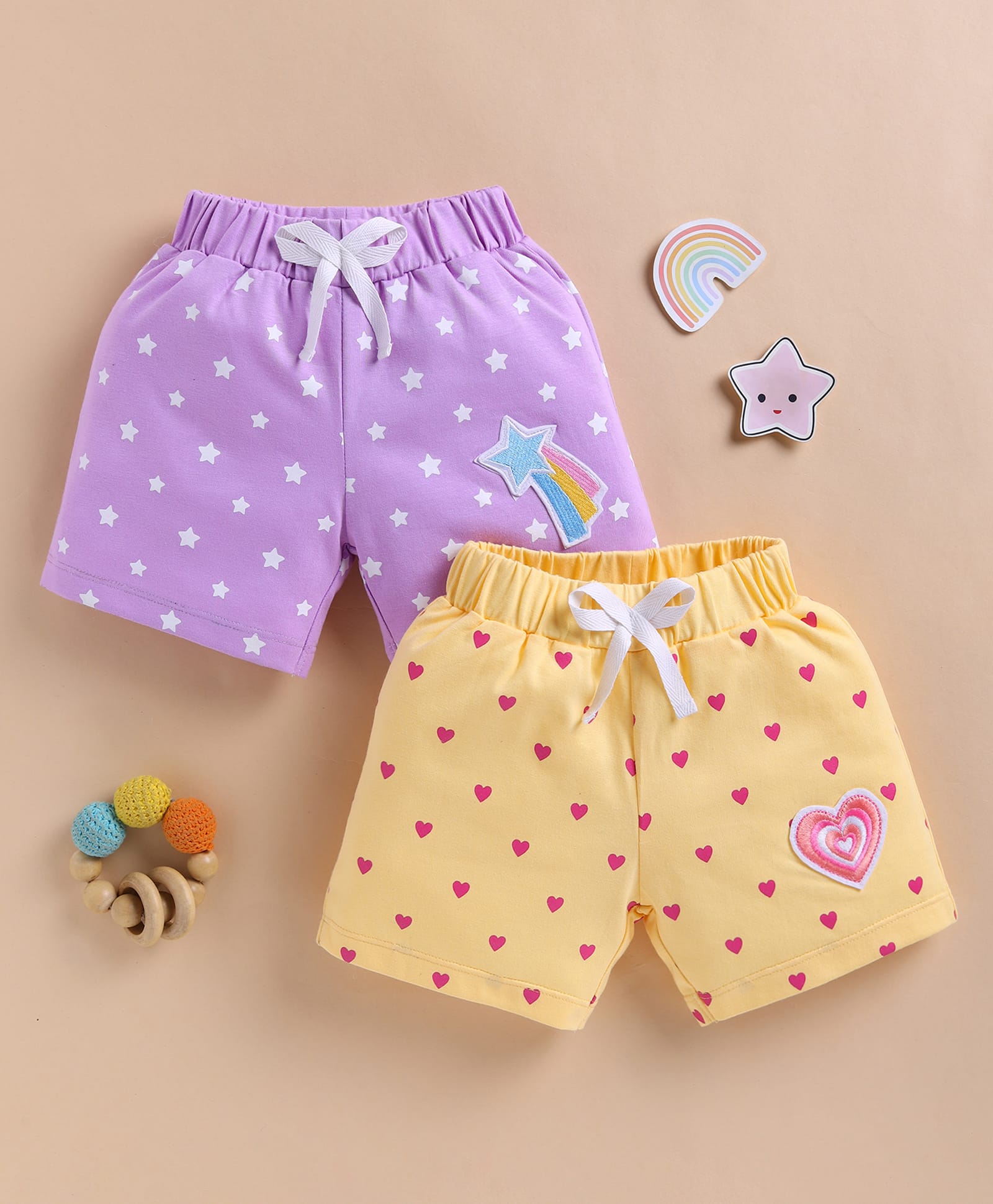 BUMZEE Cotton Knit Pack of 2 Polka Dots Printed Heart & Star Applique Detailed Shorts - Yellow & Lavender-image-26