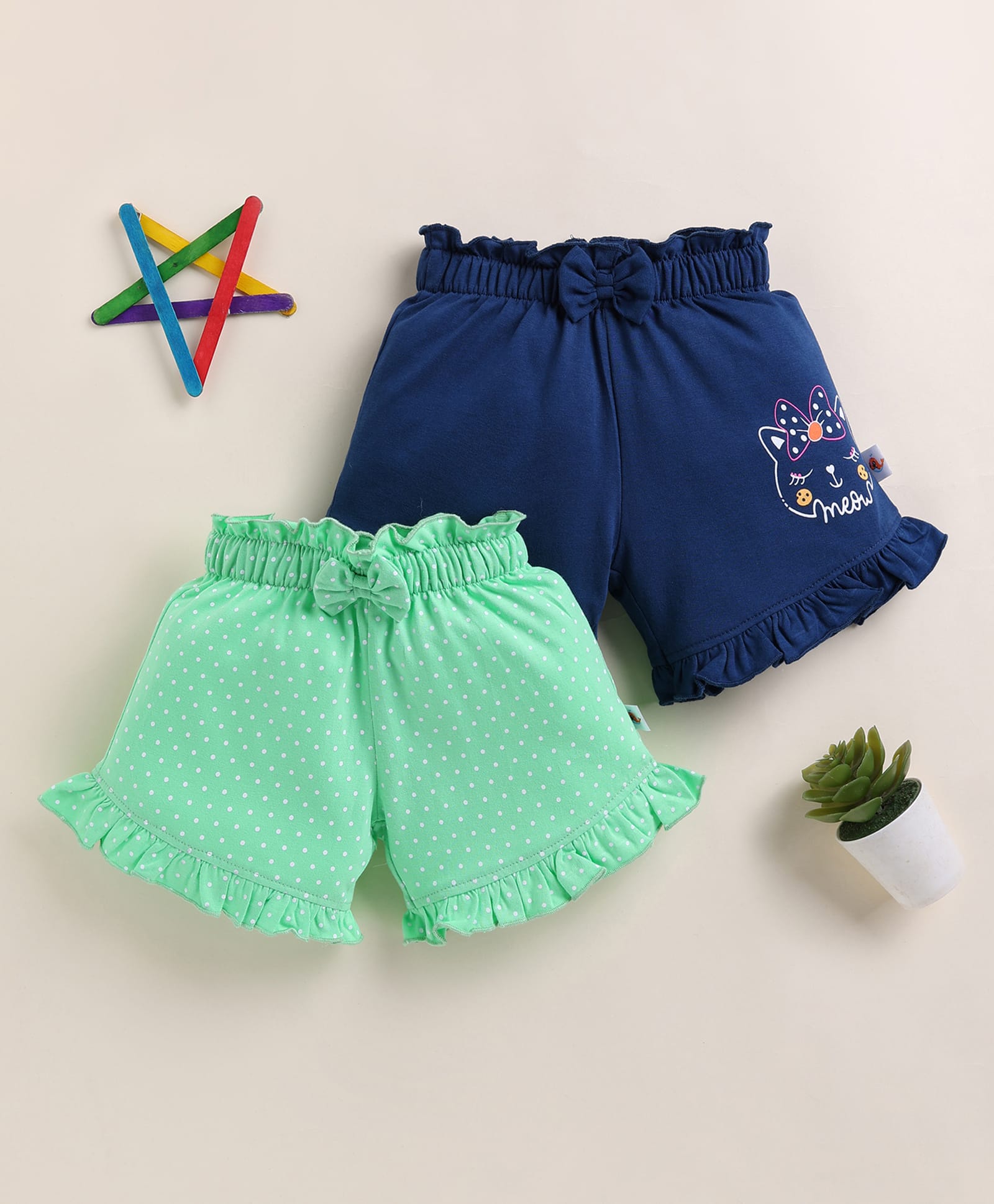 BUMZEE Cotton Knit Pack Of 2 Polka Dots & Cat Printed Shorts - Green & Navy Blue-picture-20