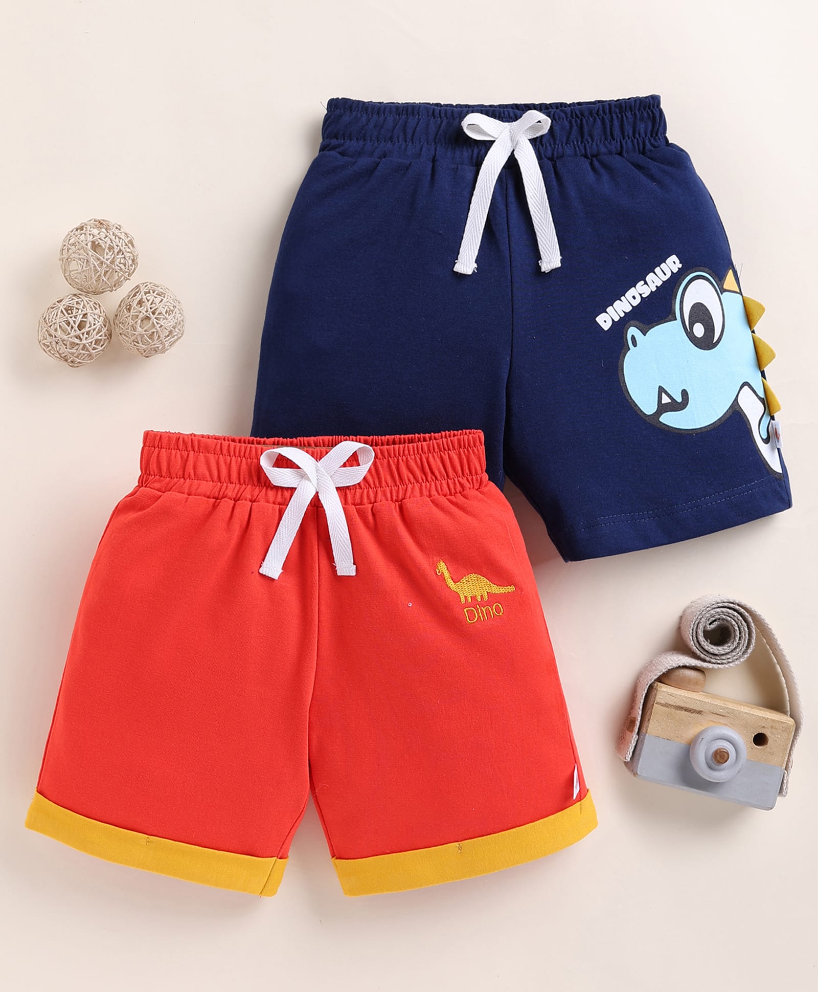 BUMZEE Cotton Knit Pack Of 2 Dinosaur Printed Shorts - Red & Navy Blue-picture-20