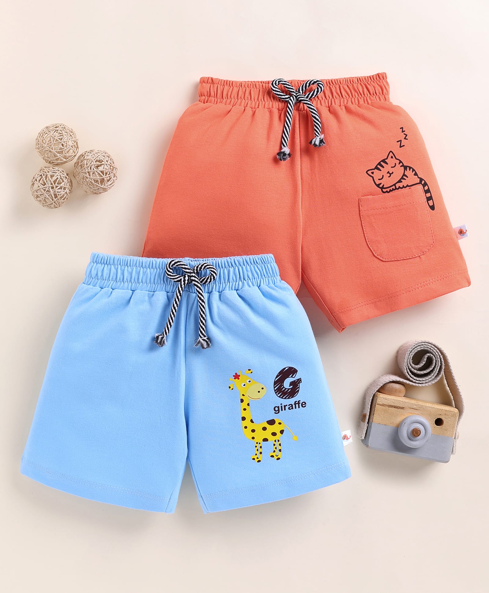 BUMZEE Cotton Knit Pack Of 2 Giraffe & Cat Printed Shorts - Orange & Sky Blue-picture-20