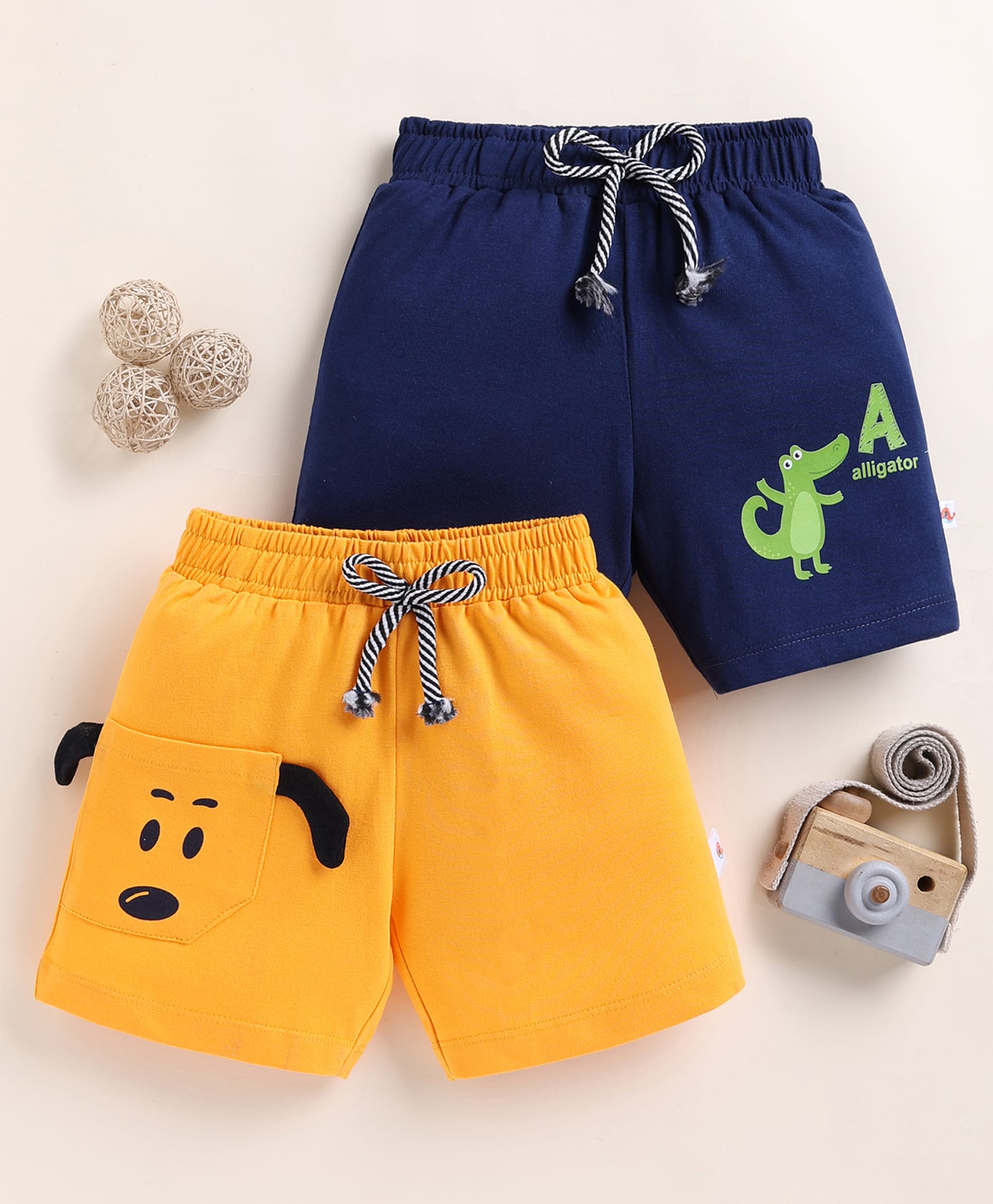 BUMZEE Cotton Knit Pack Of 2 Dinosaur Printed & Dog Face Applique Detailed Shorts - Yellow & Navy Blue-image-9