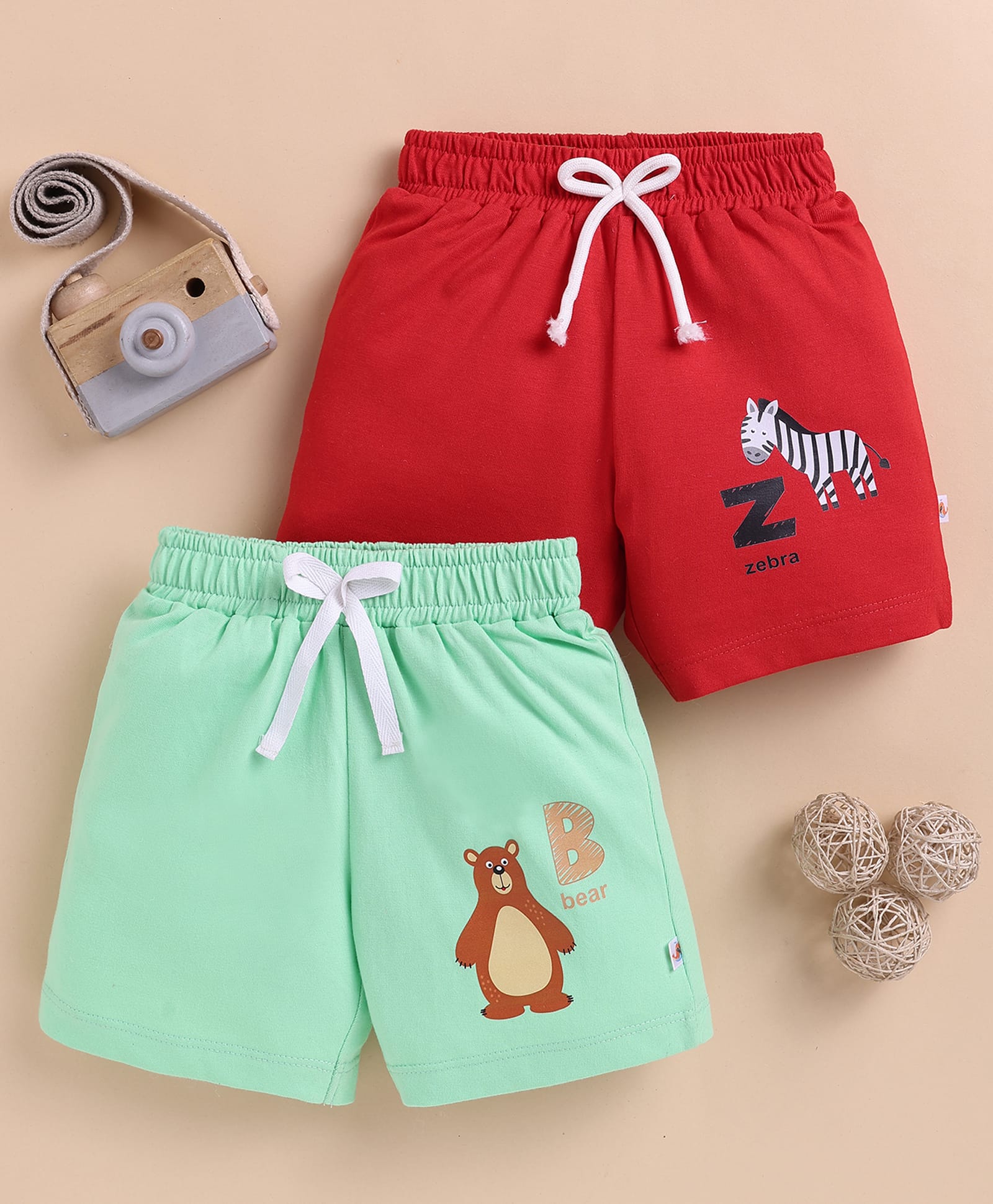BUMZEE Cotton Knit Pack Of 2 Bear & Zebra Printed Shorts - Red & Green-picture-11