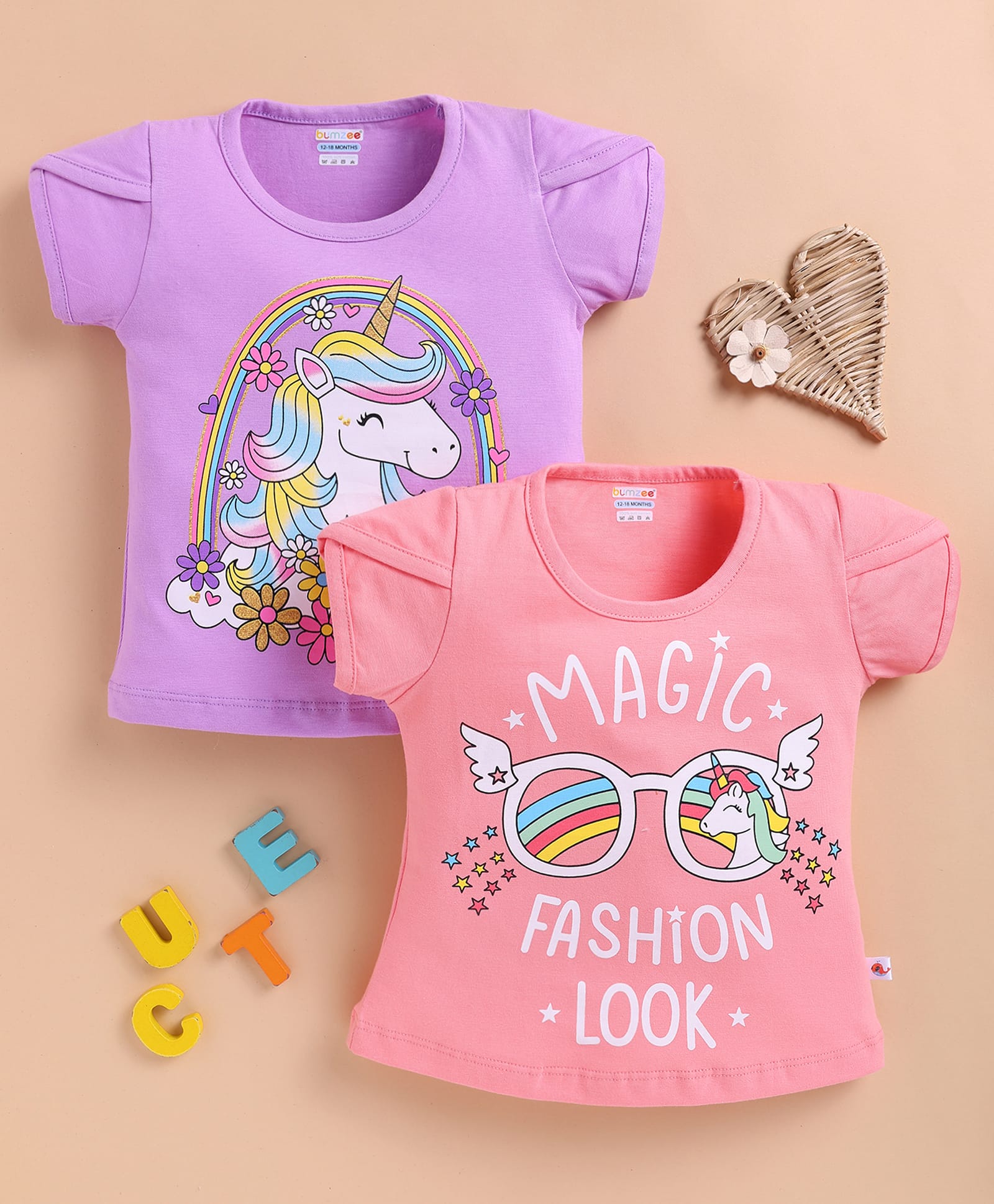 BUMZEE Cotton Knit Pack Of 2 Sleeveless Unicorn Printed Tees - Peach & Lavender-picture-14