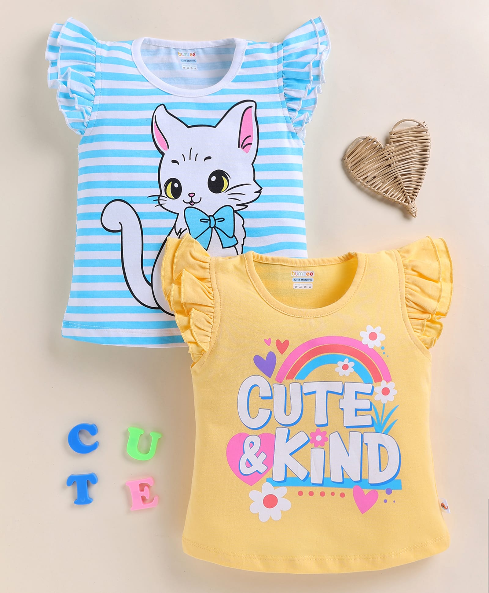 BUMZEE Cotton Knit Pack Of 2 Frill Sleeves Cat & Typography Printed Tees - Yellow & Blue-image-17