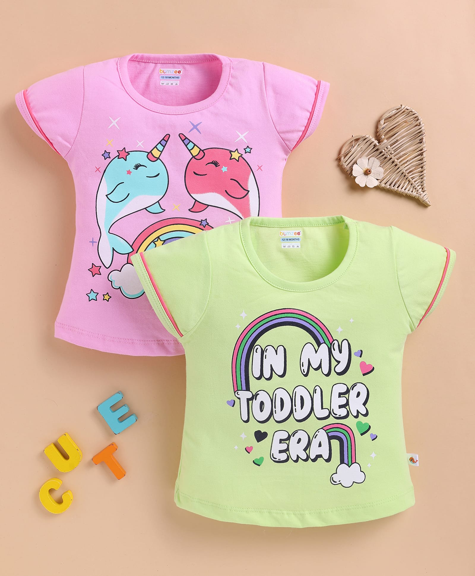 BUMZEE Cotton Knit Pack Of 2 Half Sleeves Narwhal & In My Toddler Era Text Printed Tees - Green & Pink-picture-24