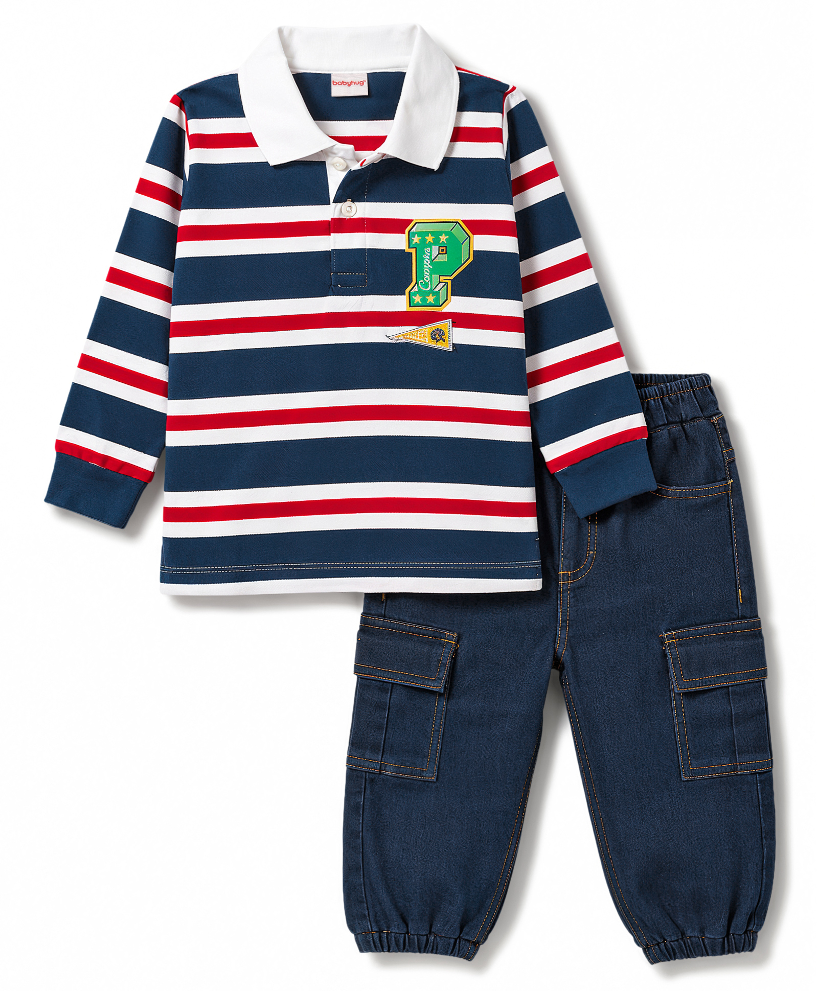 Babyhug Single Jersey Knit Full Sleeves Striped T-Shirt & Cargo Jeans Set - Multicolor-picture-38