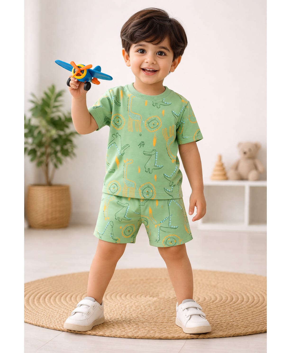 BUMZEE Cotton Knit Half Sleeves Dinosaur Printed Coordinating Tee & Shorts Set - Green-image-36