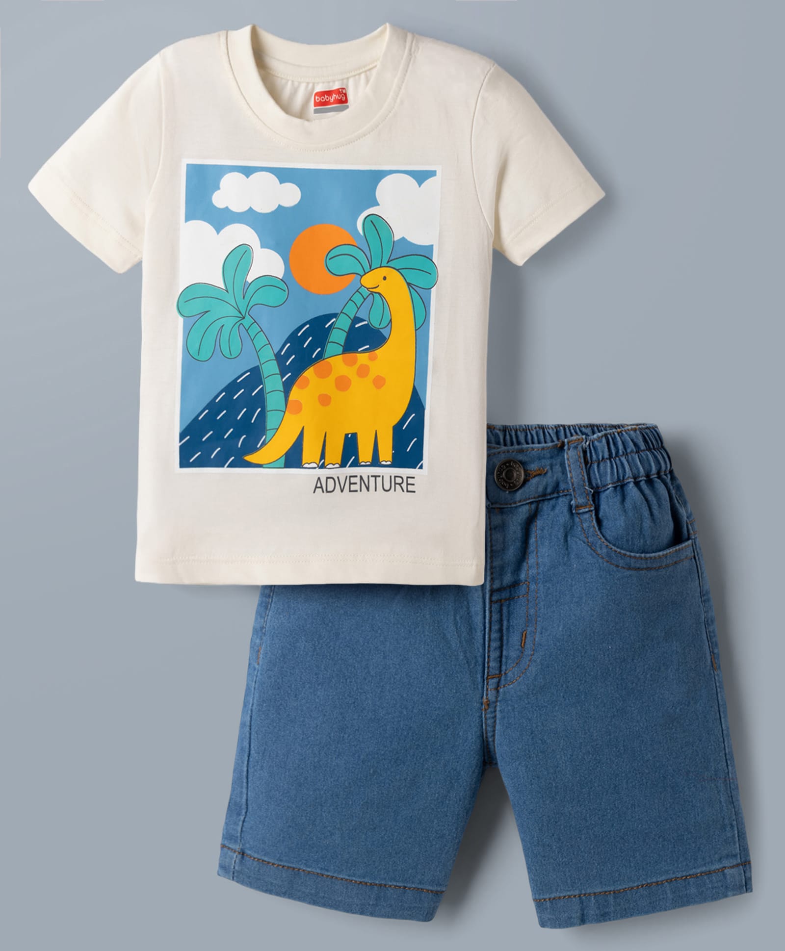 Babyhug Single Jersey Knit Half Sleeves T-Shirt & Denim Shorts Set with Dino Print - White-picture-16