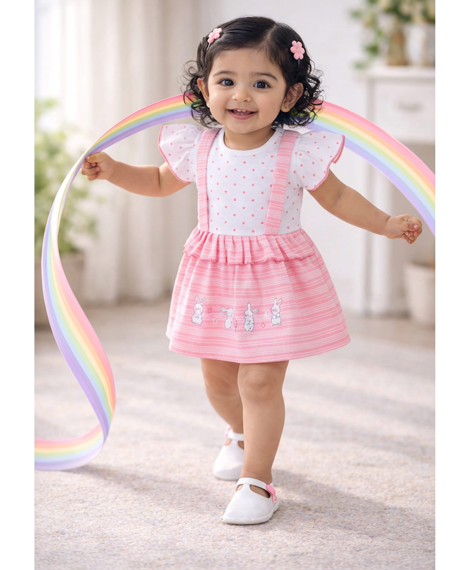 BUMZEE Cotton Knit Half Sleeves Striped & Polka Dots Printed Dress - Pink-image-15