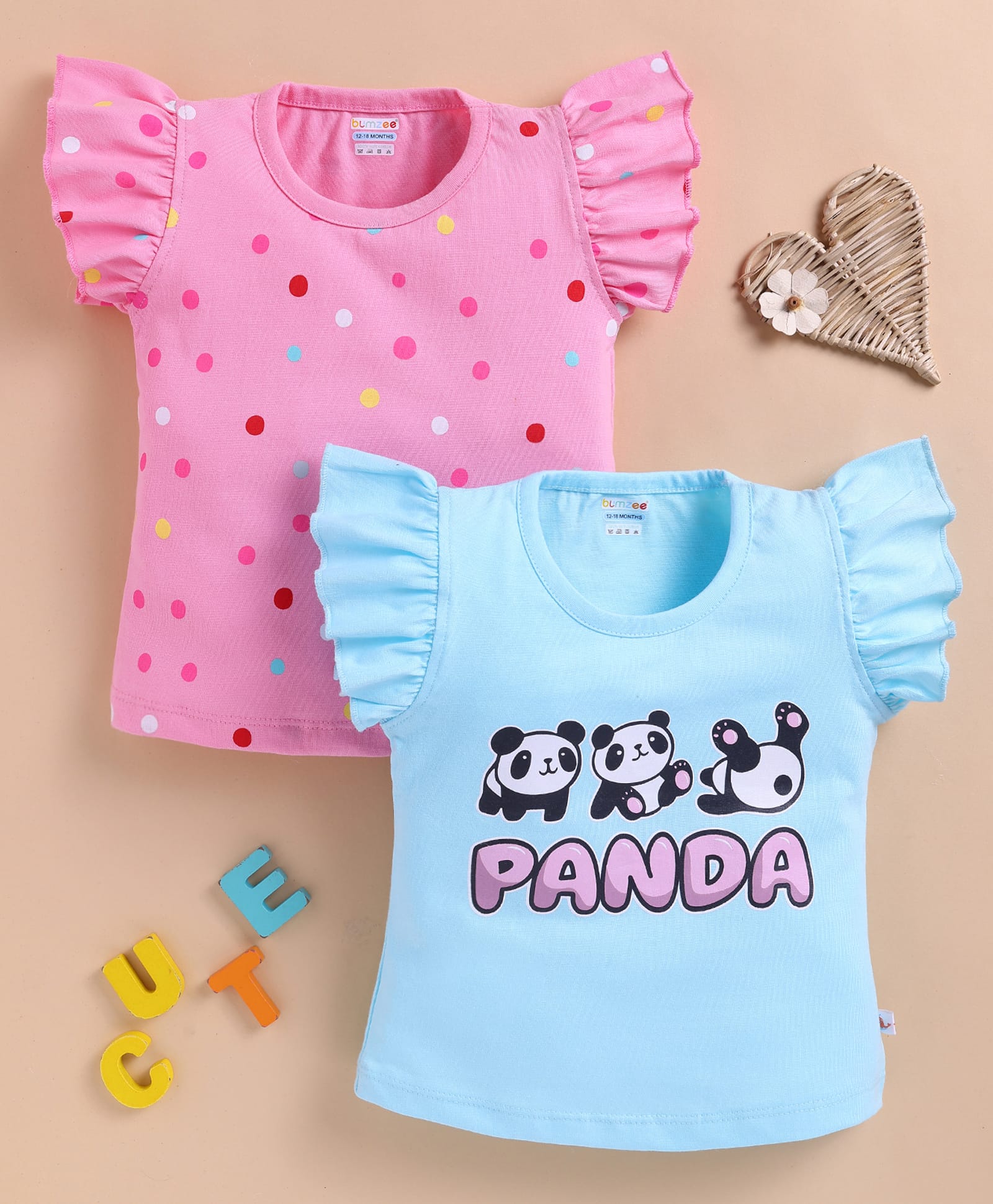 BUMZEE Cotton Knit Pack Of 2 Cap Sleeves Panda & Polka Dots Printed Tees - Pink & Blue-picture-20