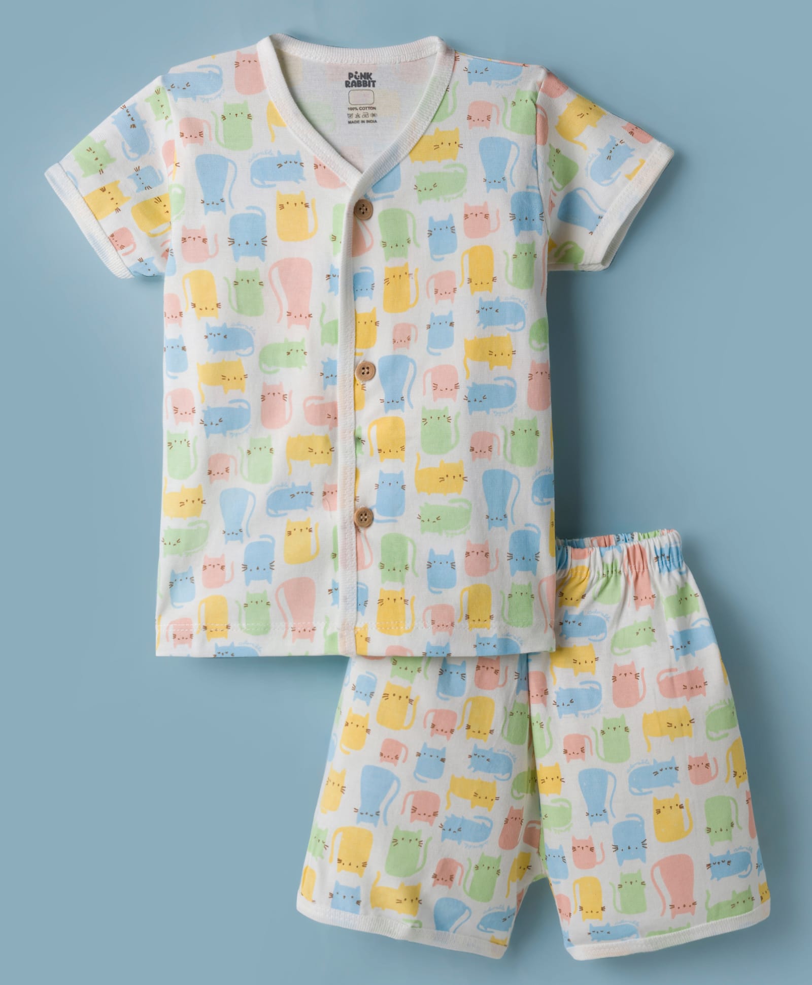 Pink Rabbit Sinker Knit Half Sleeves Kitty Printed Co-Ords T-Shirt & Shorts Night Suit - OffWhite-image-35