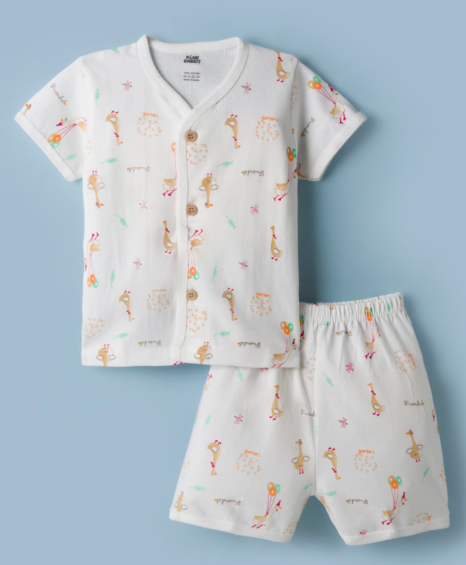 Pink Rabbit Sinker Knit Half Sleeves Birds Printed Co-Ords T-Shirt & Shorts Night Suit - OffWhite-picture-30