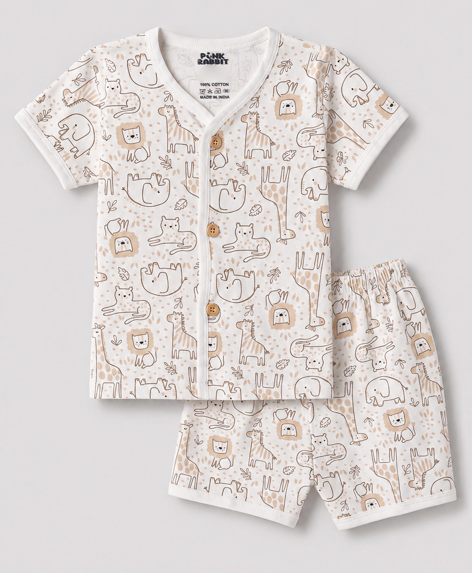 Pink Rabbit Sinker Knit Half Sleeves Animal Printed Co-Ords T-Shirt & Shorts Night Suit - OffWhite-image-45