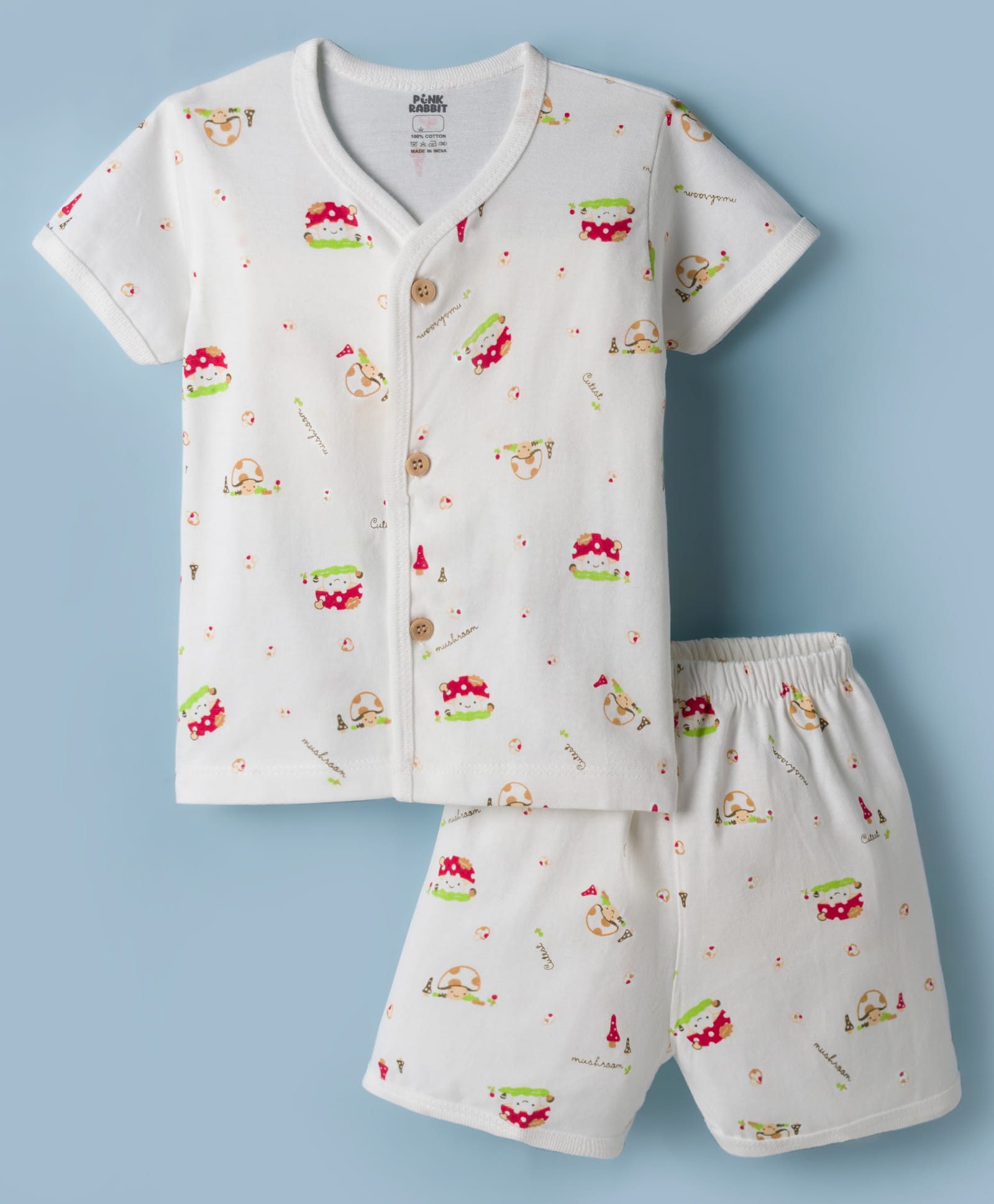 Pink Rabbit Sinker Knit Half Sleeves Mushroom Printed Co-Ords T-Shirt & Shorts Night Suit - OffWhite-picture-37