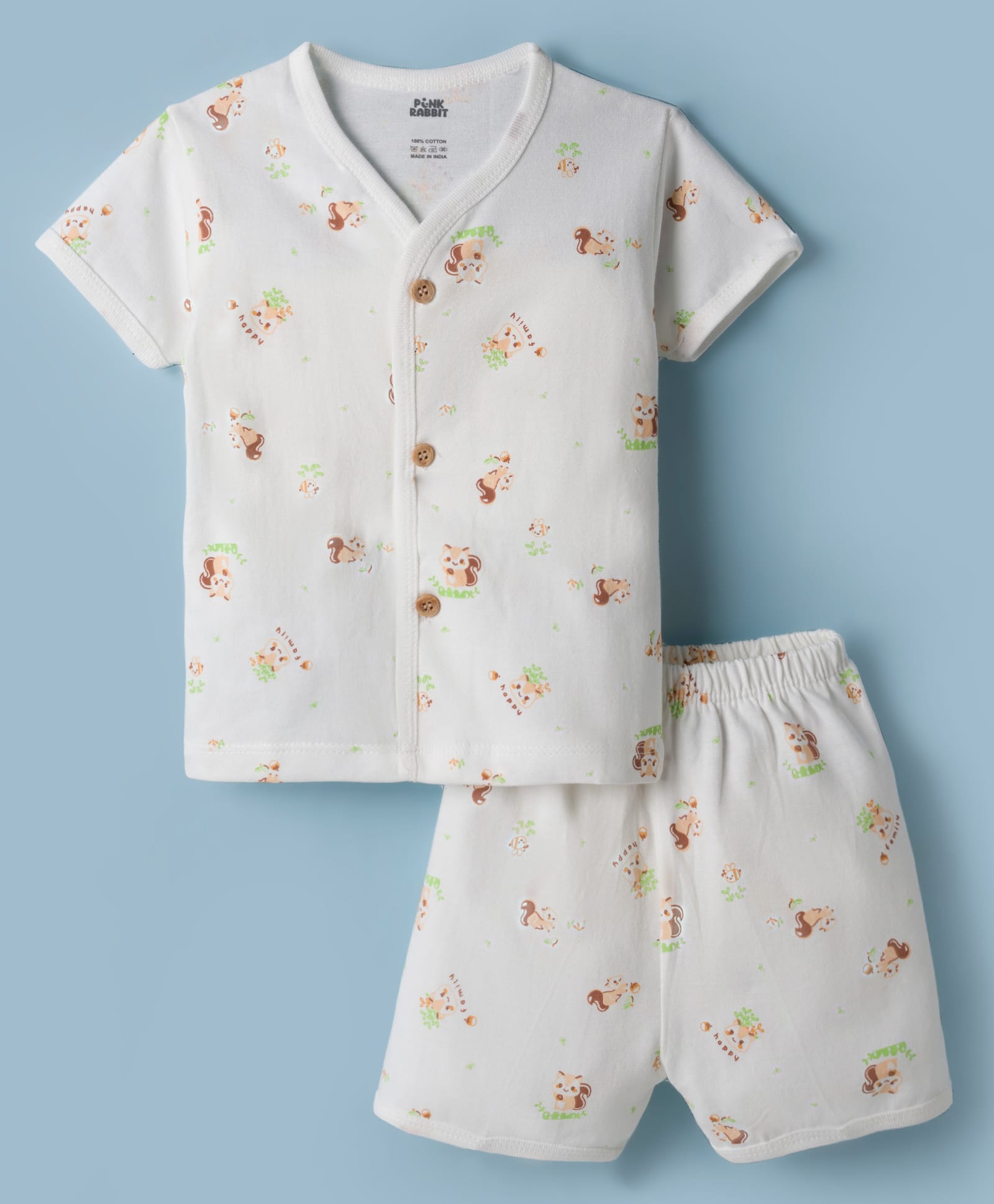 Pink Rabbit Sinker Knit Half Sleeves Squirrel Printed T-Shirt & Shorts Night Suit - OffWhite-image-41