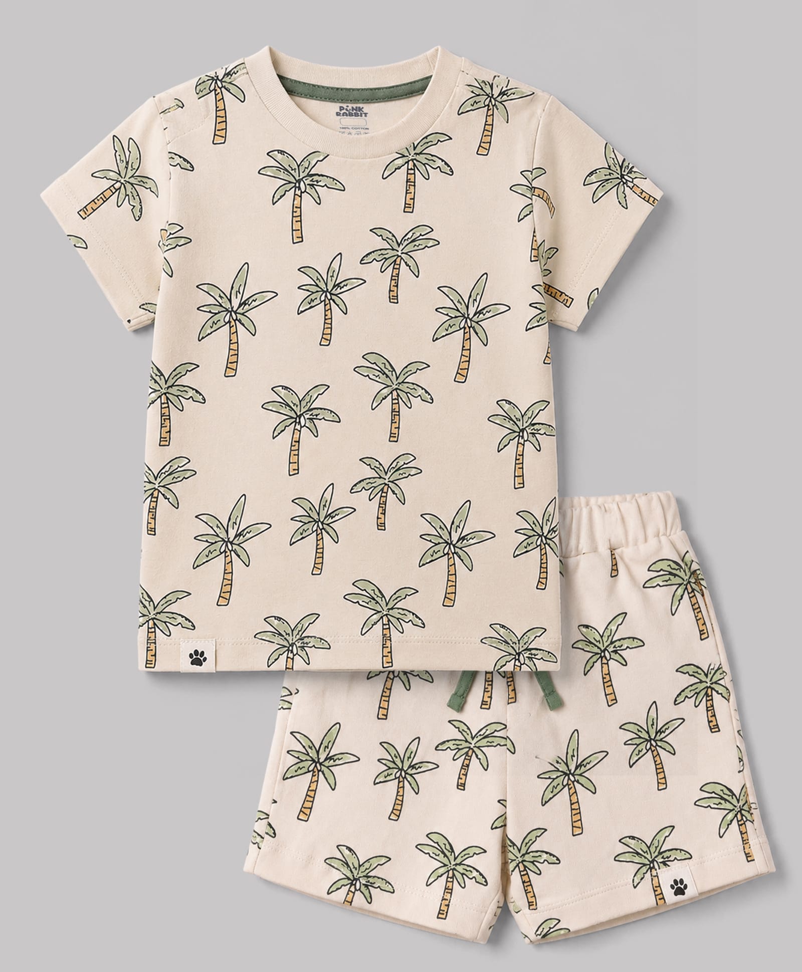Pink Rabbit Sinker Knit Half Sleeves Palm Tree Printed Co-Ords T-Shirt & Shorts Night Suit - Beige-image-49