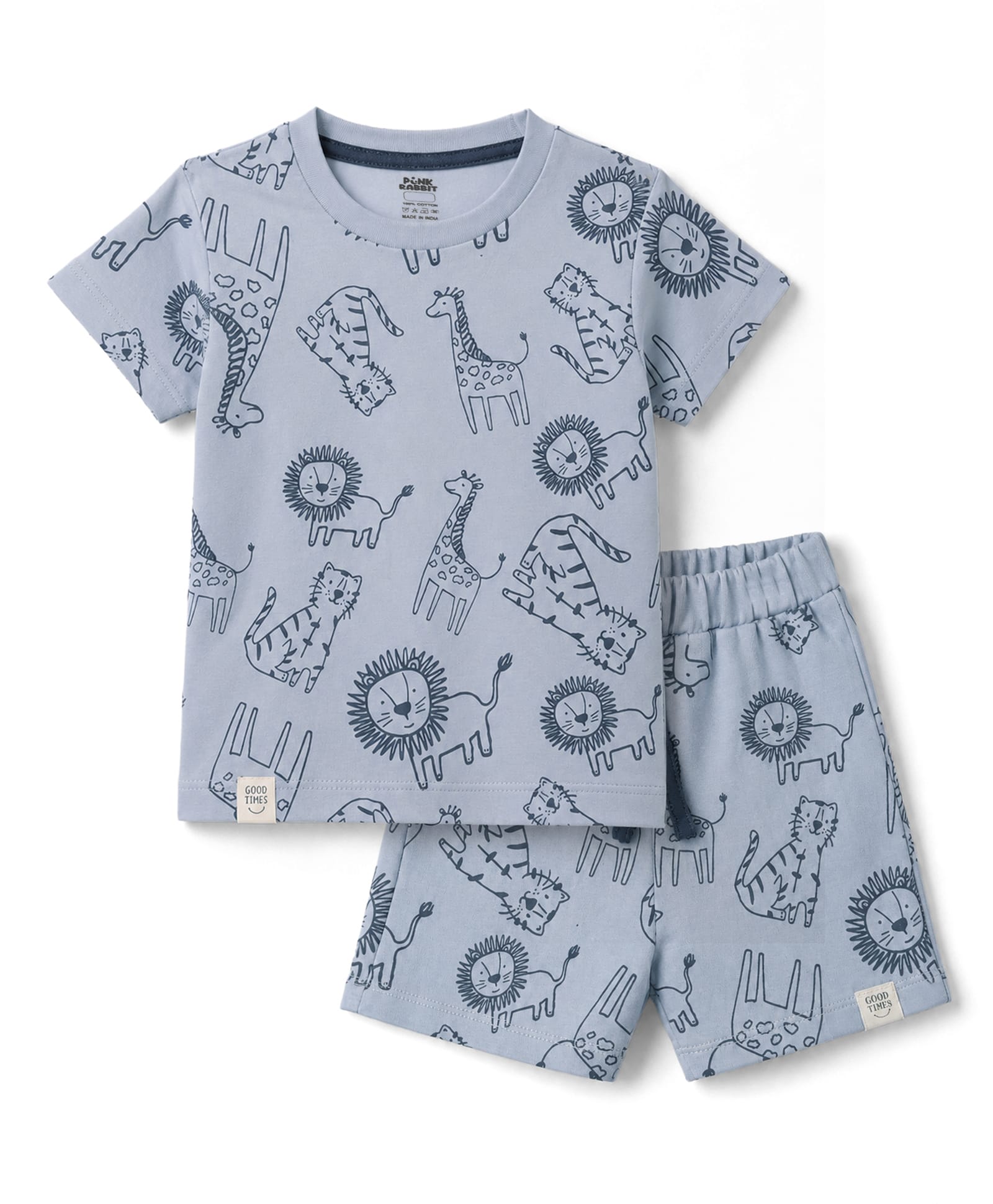 Pink Rabbit Sinker Knit Half Sleeves Animal Printed Co-Ords T-Shirt & Shorts Night Suit - Blue-picture-18