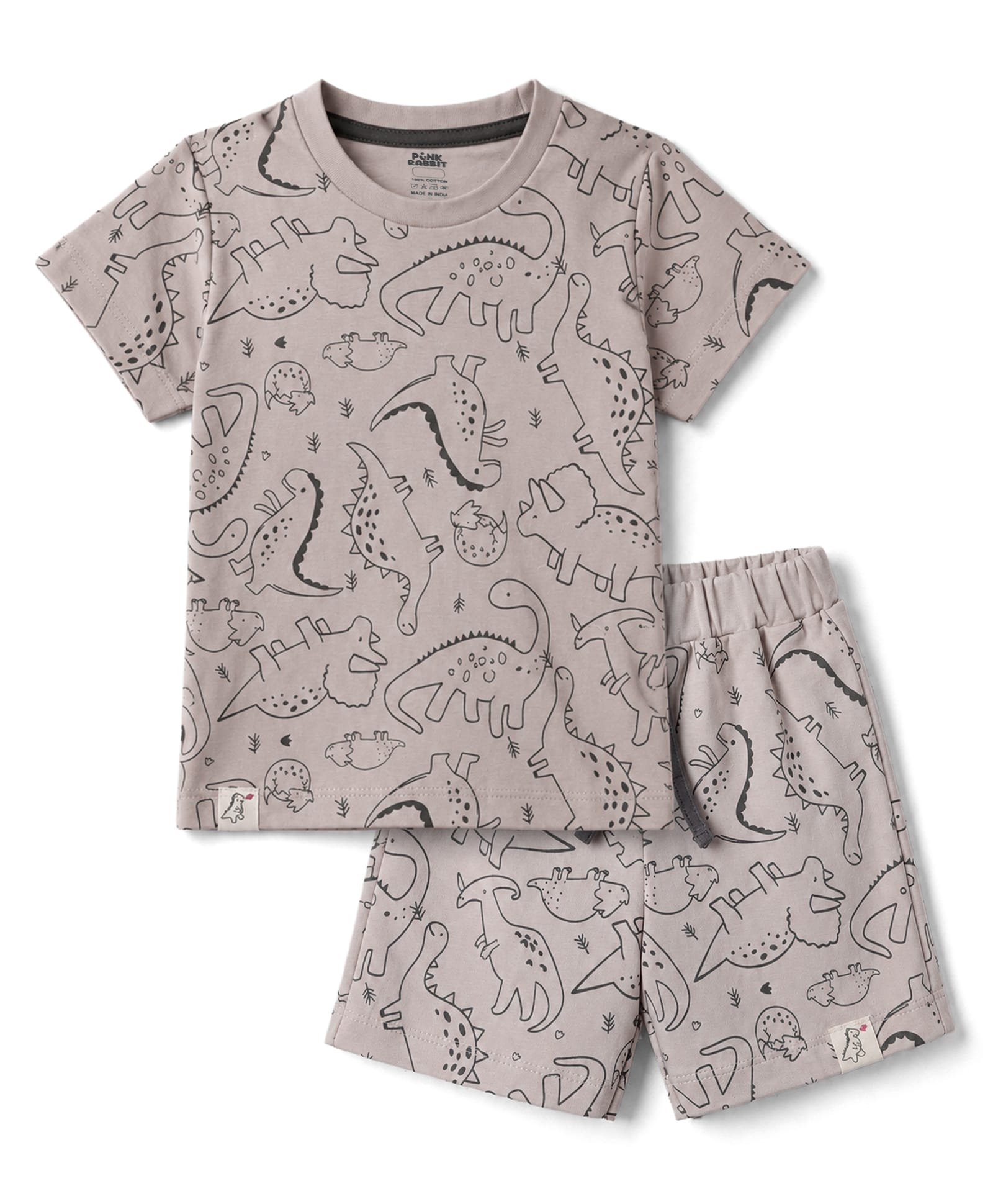 Pink Rabbit Sinker Knit Half Sleeves Dino Printed Co-Ords T-Shirt & Shorts Night Suit - Grey-picture-35