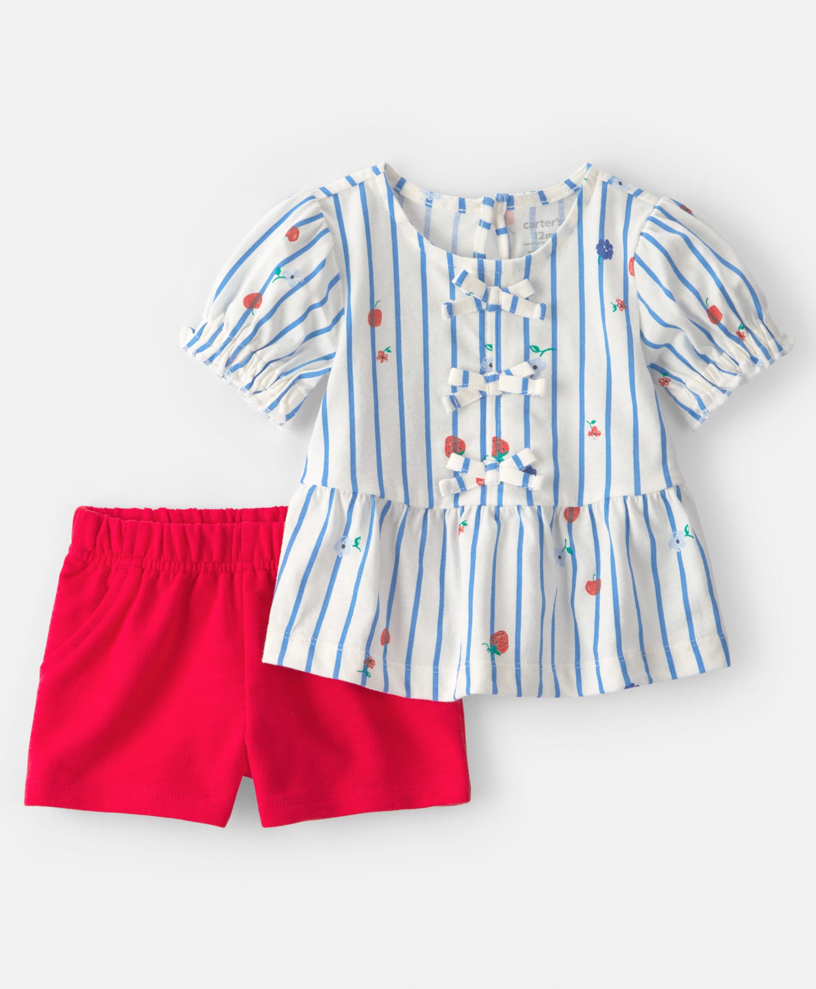 Carter's Cotton Knit To Woven Half Sleeves Striped Top & Shorts With Fruit Print & Applique - Multicolor-picture-19