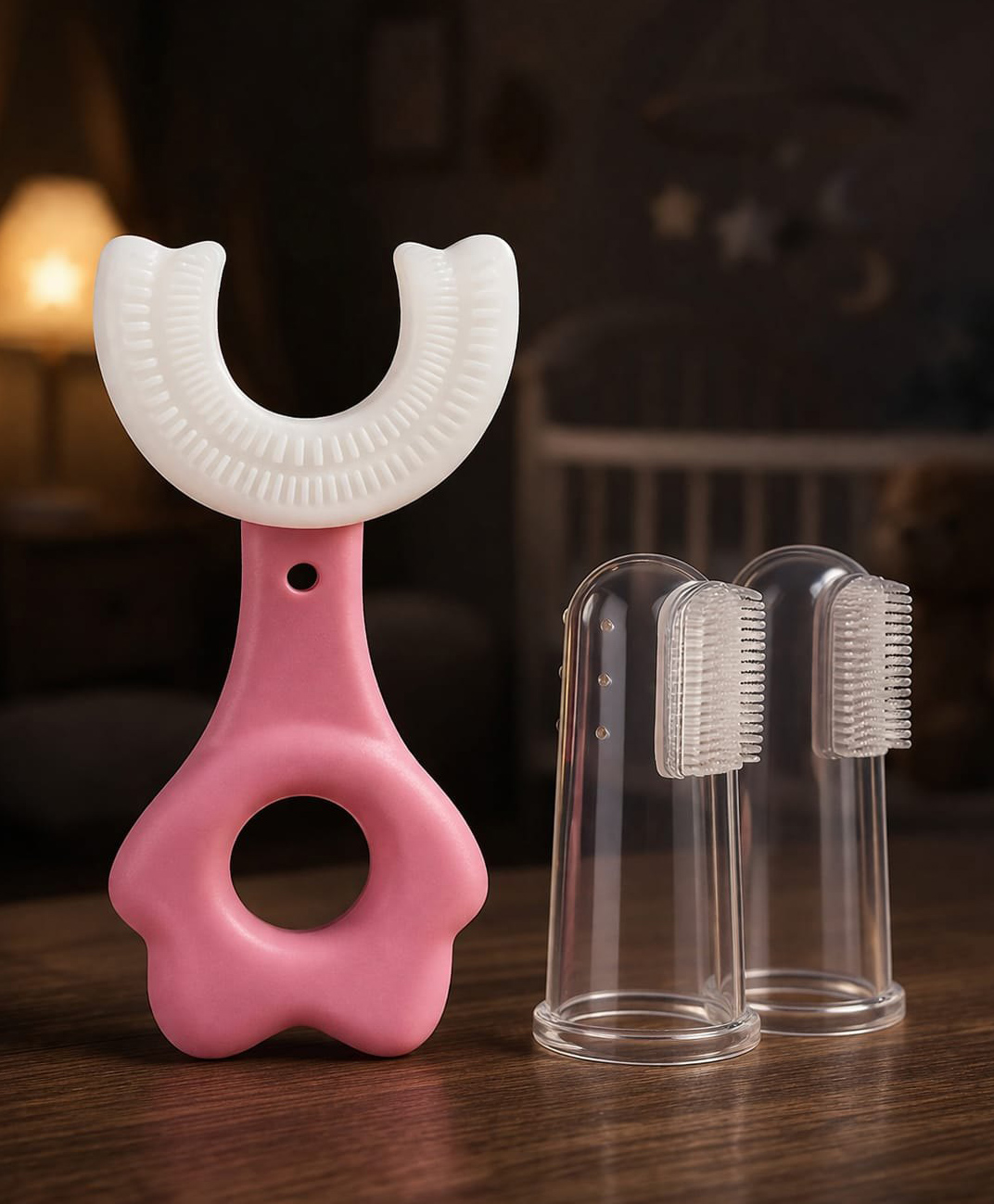 JoyBuzz Baby U Shaped Toothbrush with 2 Finger Toothbrush Set | Soft Silicone | BPA Free | 360° Cleaning | 0.3 Years Pink-image-37