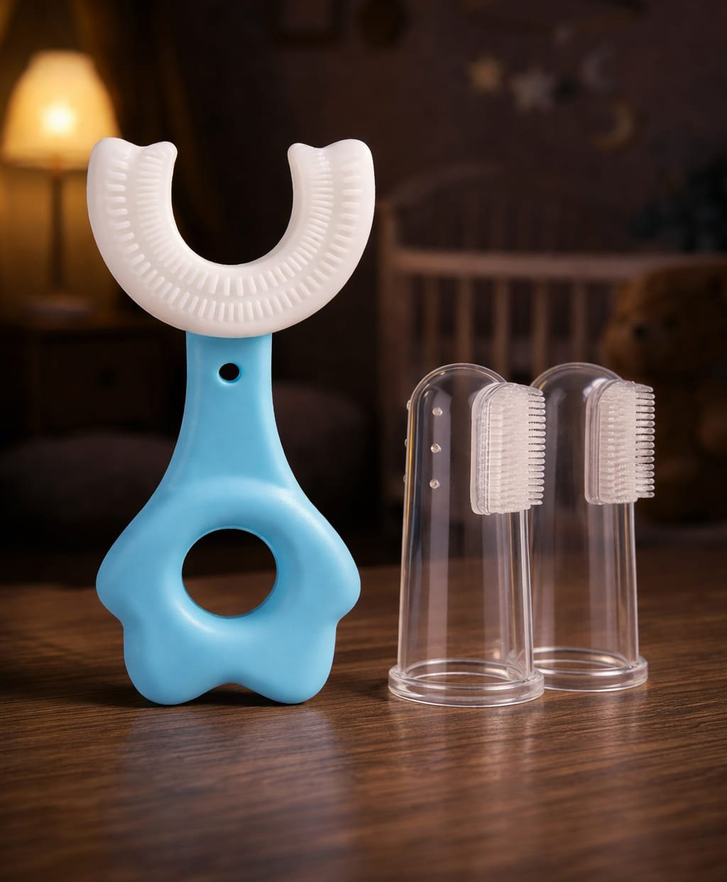 JoyBuzz Baby U Shaped Toothbrush with 2 Finger Toothbrush Set | Soft Silicone | BPA Free | 360° Cleaning | 0.3 Years Blue-image-35