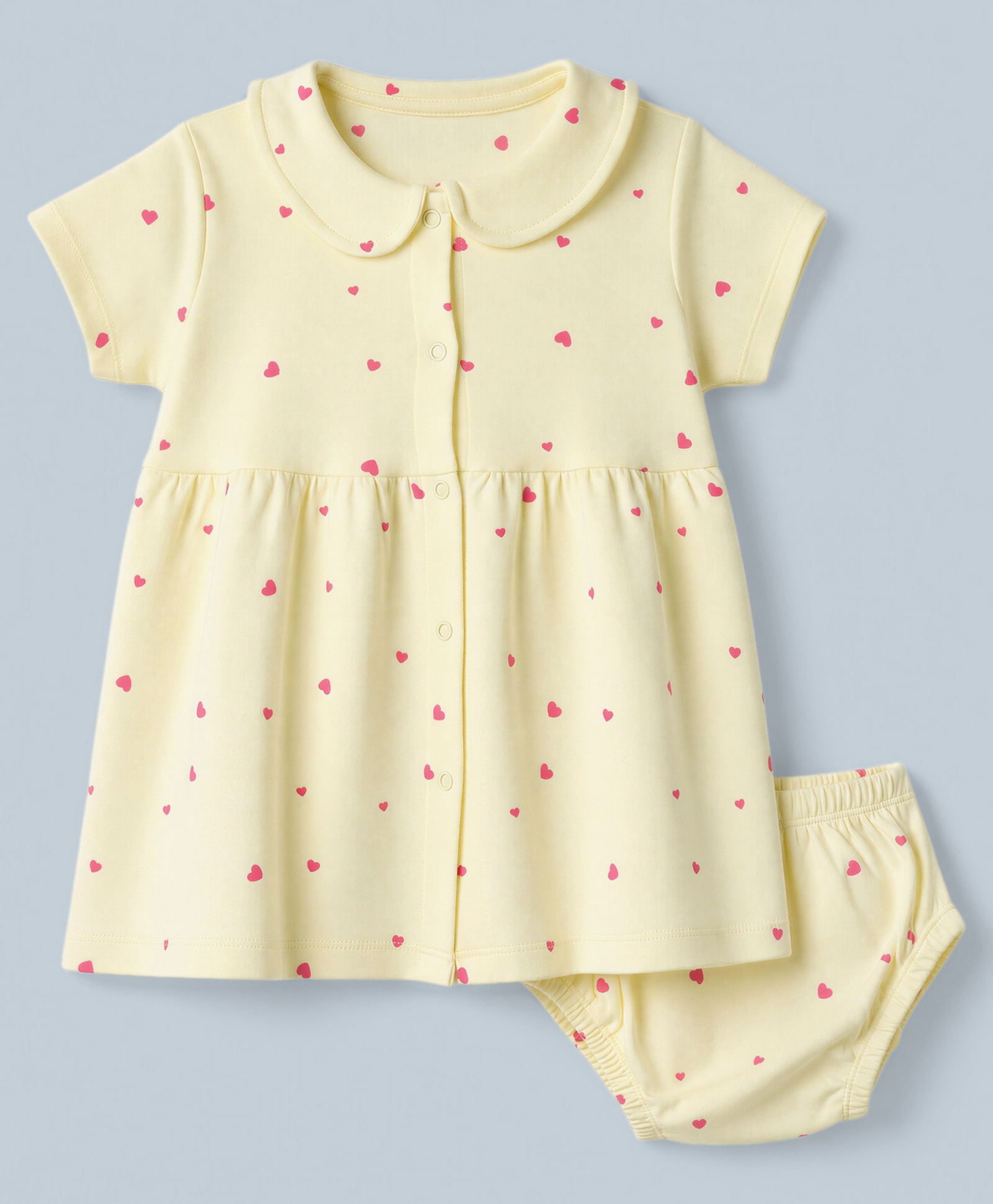 Babyhug Interlock Knit Half Sleeves Frocks With Bloomer And Hearts Print - Light Yellow-image-35