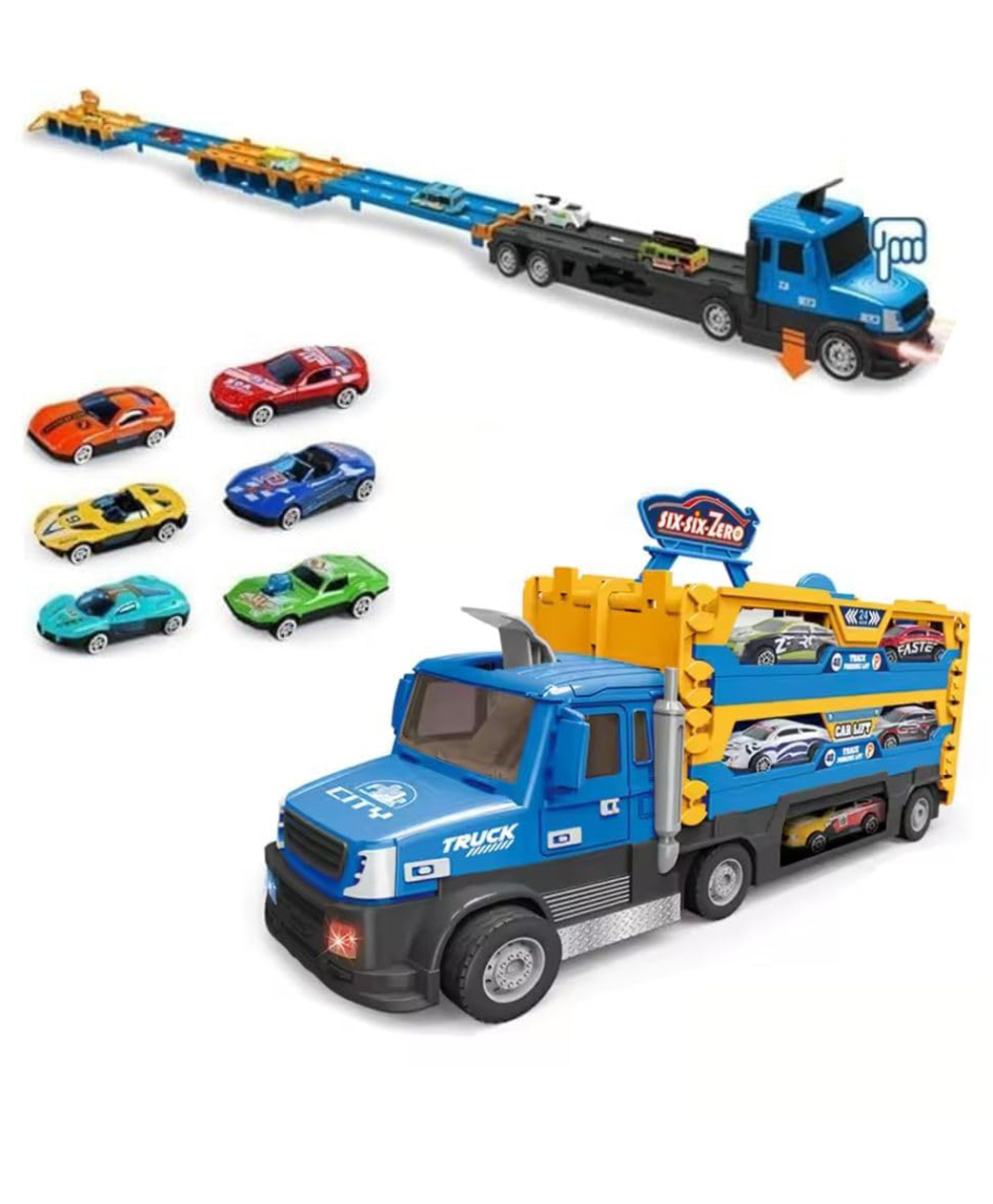Happy Hues 2-in-1 Mega Hauler Truck Toy with 55-Inch Foldable Racing Track, Built-in Launcher & 6 Die-Cast Cars | Transformable Car Carrier Toy Storage for Kids -Blue & Yellow-image-49