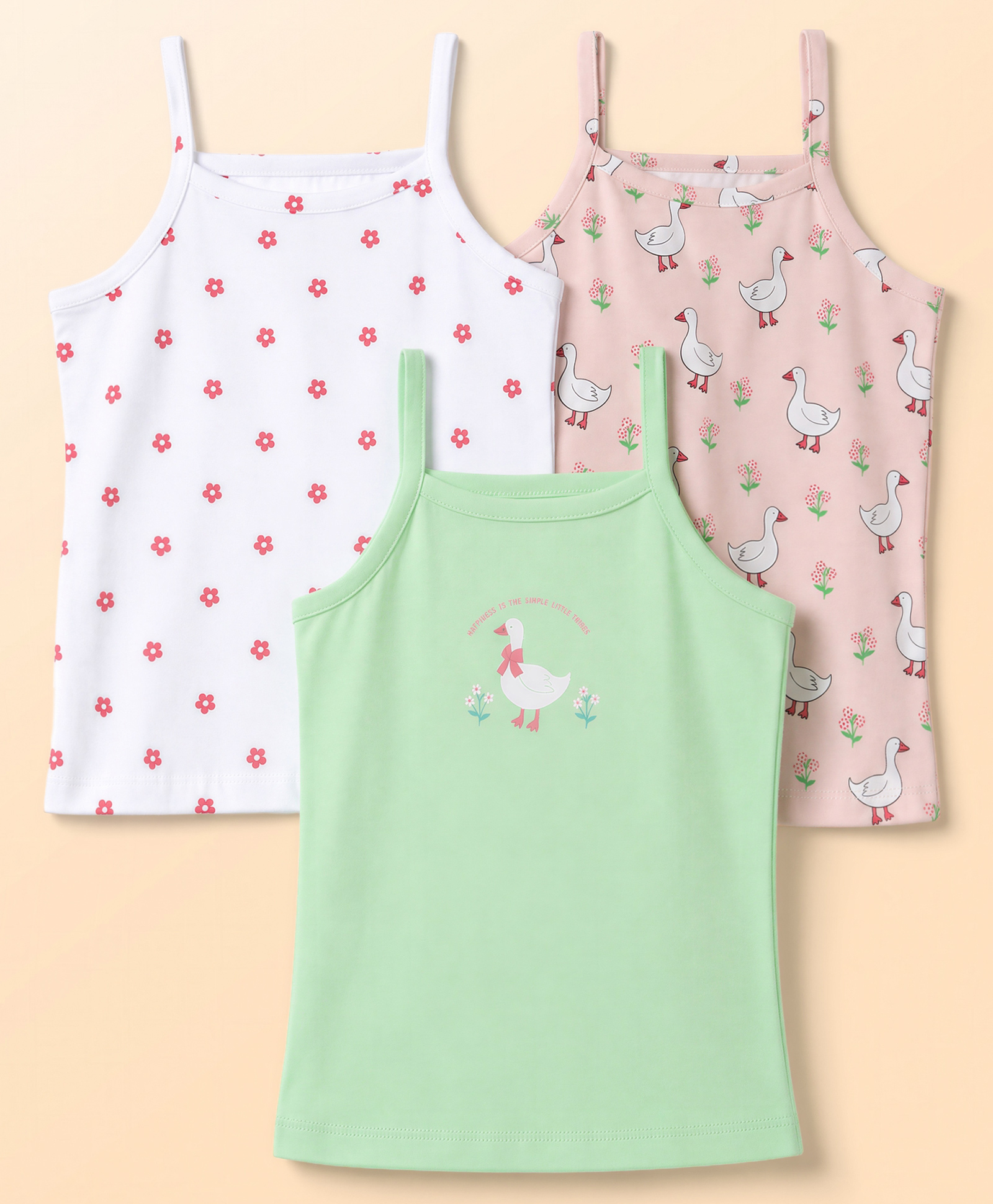 Babyhug 100% Cotton Knit Sleeveless Floral & Birds Printed Slips Pack Of 3 - Light Green Pink & White-picture-17
