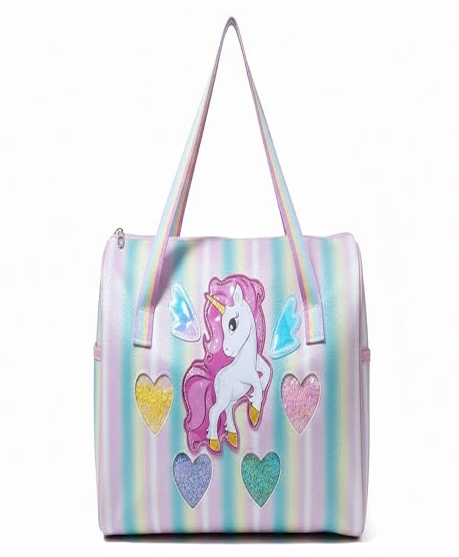 HAPPY HUES Magical Unicorn Rainbow Wings Pastel Duffel Bag for Girls - Sparkly Glitter Hearts & Detachable Strap - Ideal for Travel, Picnic & Dance Class 5+ Years-image-1