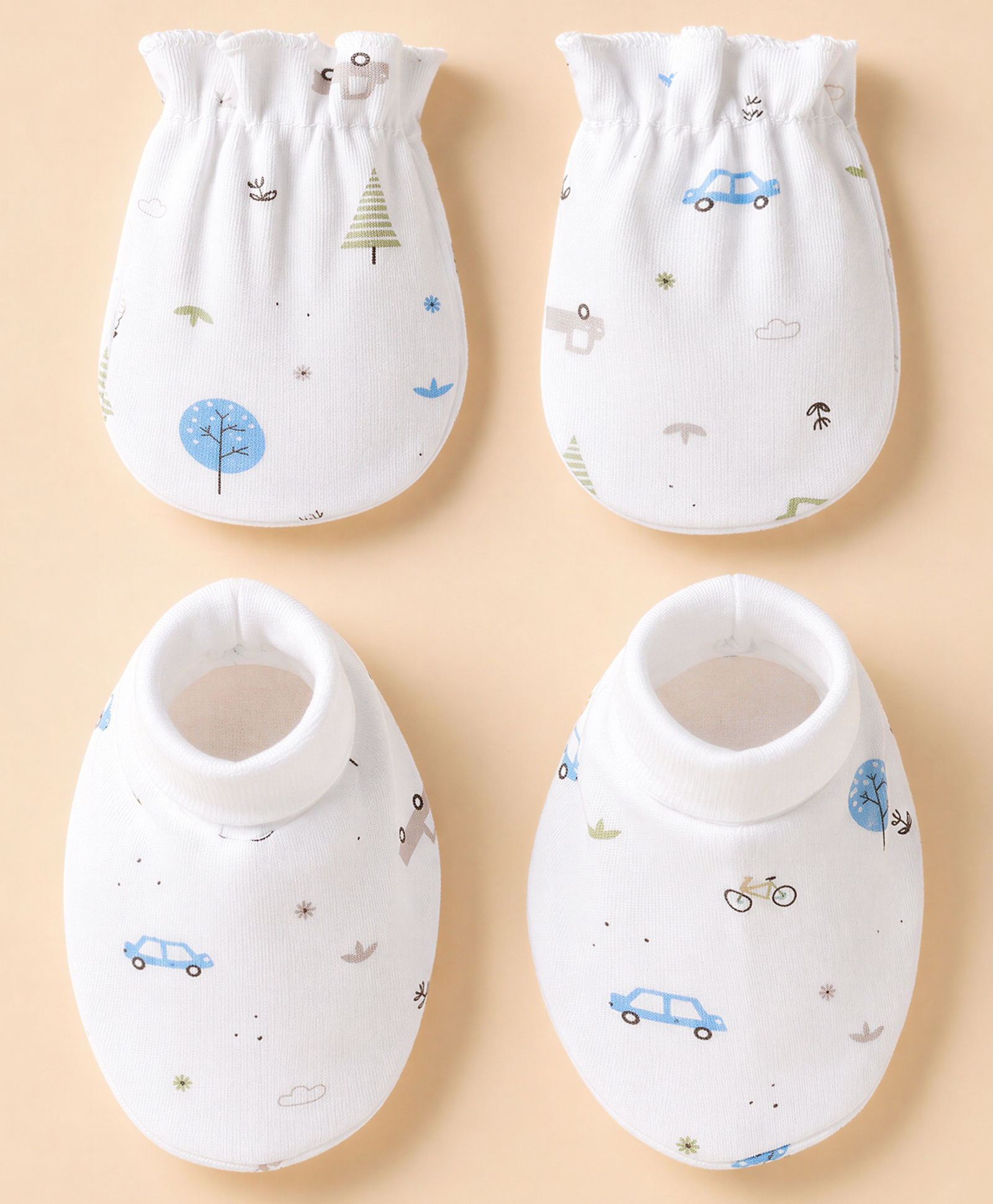 Babyhug 100% Cotton Car Printed Mittens & Booties - White-image-29
