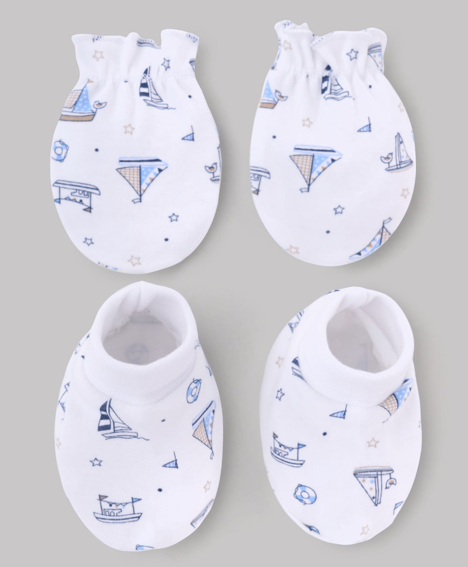 Babyhug 100% Cotton Knit Nautical Theme Printed Mittens & Booties Set - White-image-8