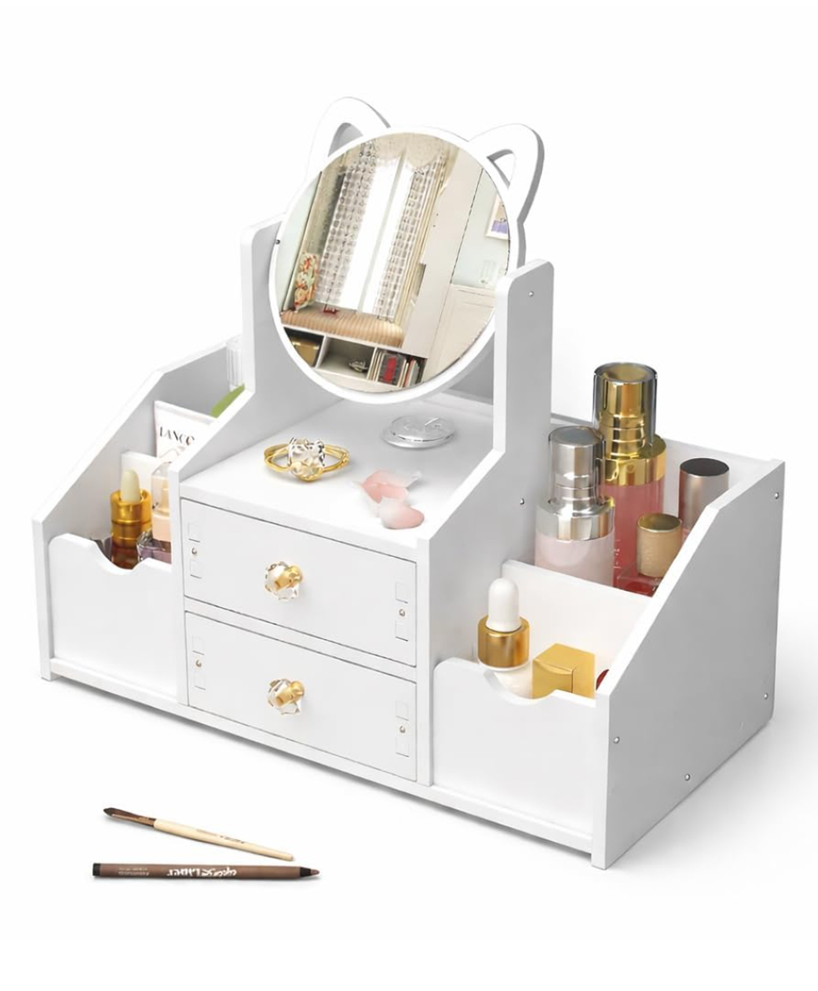 PLUSPOINT Makeup Desk Cosmetic Storage Box DIY-Organizer with Mirror & Drawers for Dressing Table, Vanity Countertop, Bathroom, Stationery, Makeup Organizer for Women and Girls - White-image-40