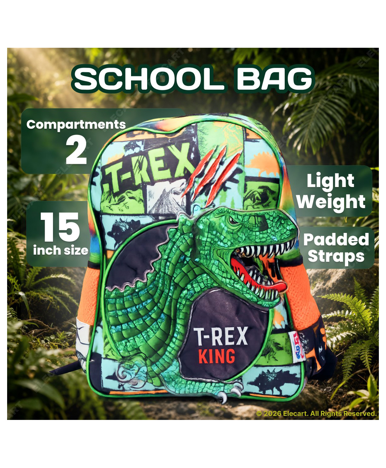 Elecart 15 Inches Dinosaur School Backpack for Kids | Lightweight Polyester Bag | 2 Compartments | Ergonomic Padded Straps | Boys & Girls Preschool Primary (Green)-image-24