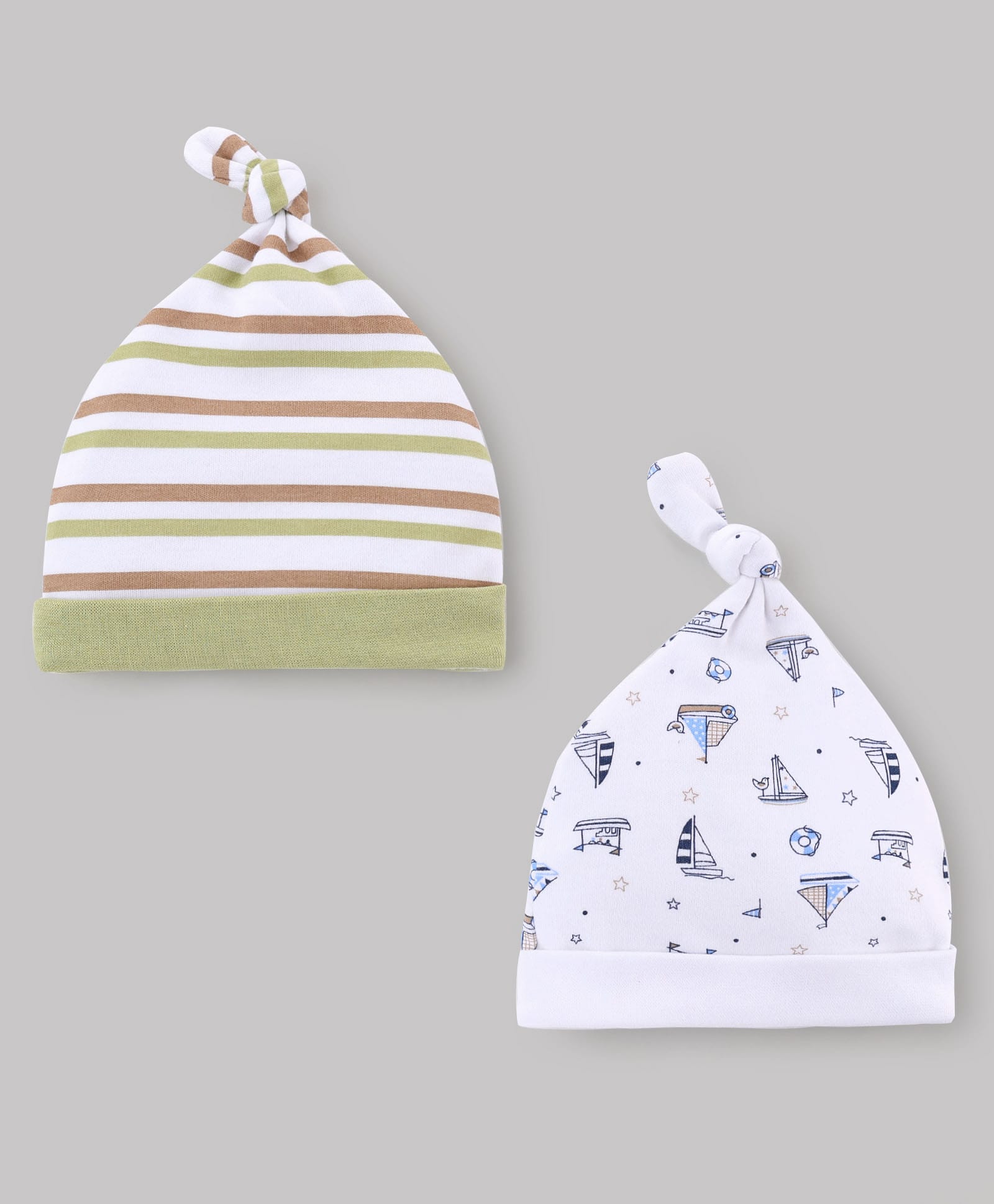 Babyhug 100% Cotton Knit Striped & Nautical Theme Printed Caps Pack Of 2 Olive Green & White - Diameter 10.5 cm-image-23