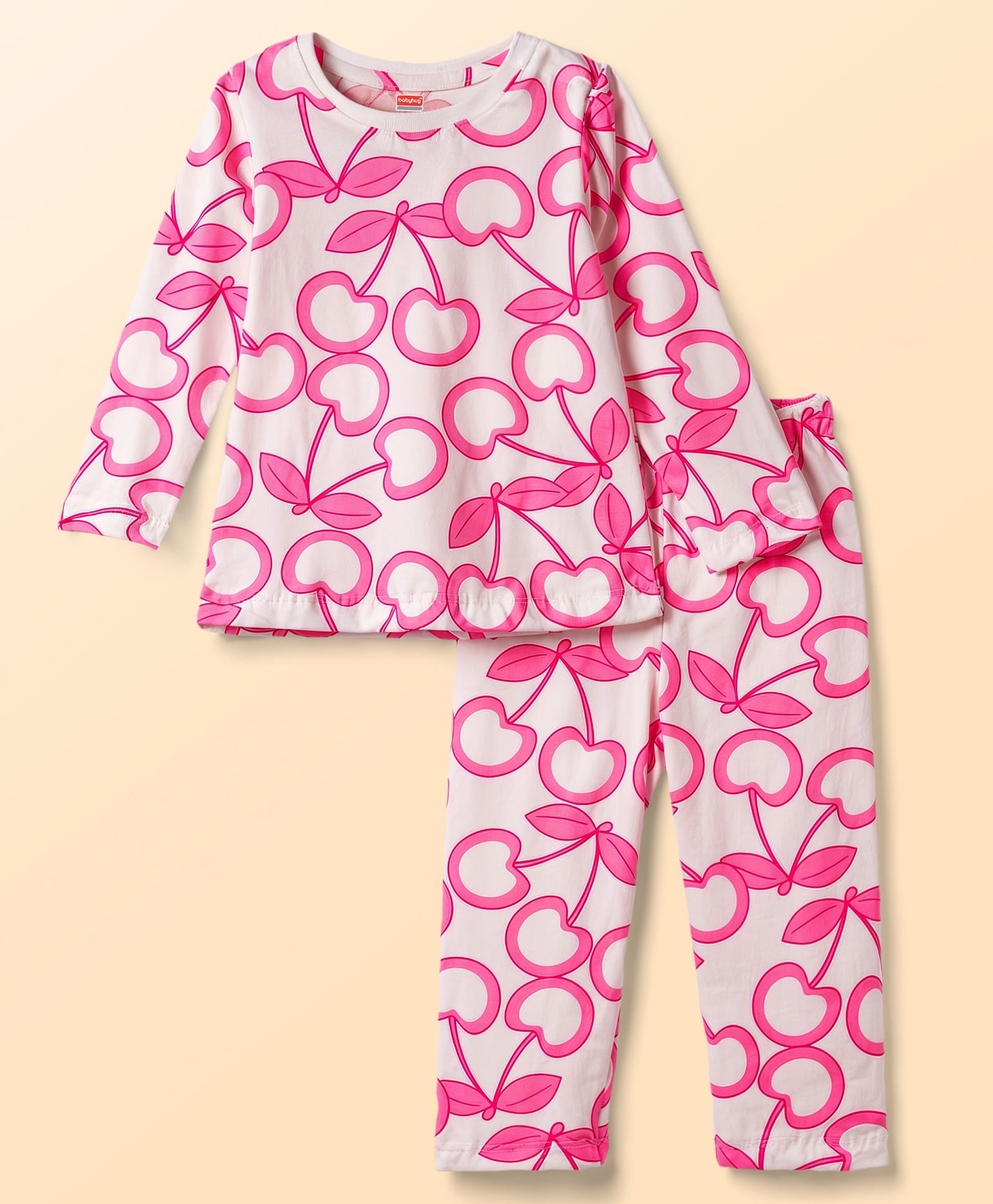 Babyhug Cotton Knit Full Sleeves Cherry Printed Co-ords T-Shirt & Pyjama Night Suit - White-image-32