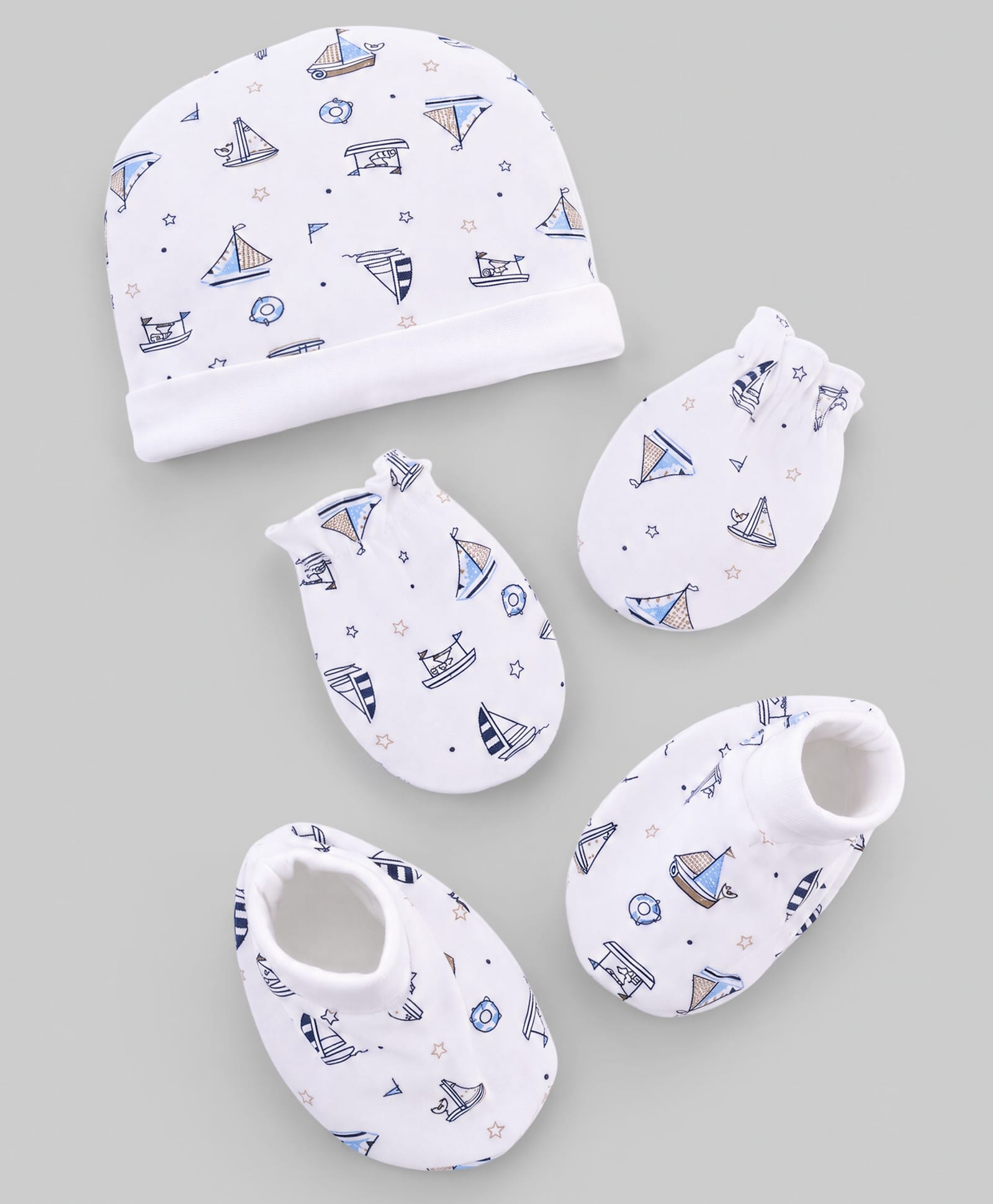 Babyhug 100% Cotton Interlock Knit Cap Mittens & Booties Set with Nautical Theme Print White - Diameter 11.5 cm-picture-20