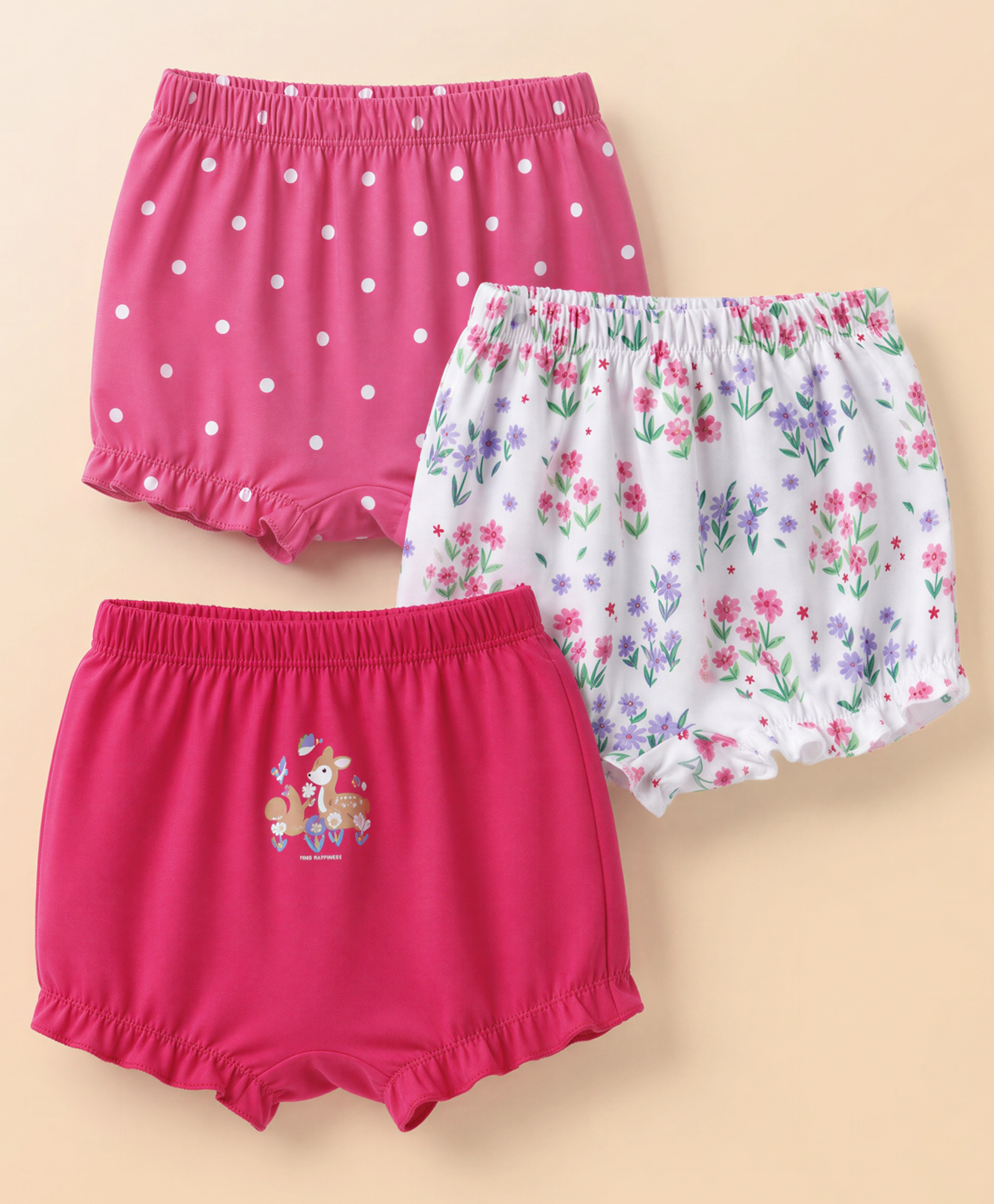 Babyhug 100% Cotton Knit Polka Dots & Floral Printed Bloomers Pack of 3 - Dark Pink & White-image-13