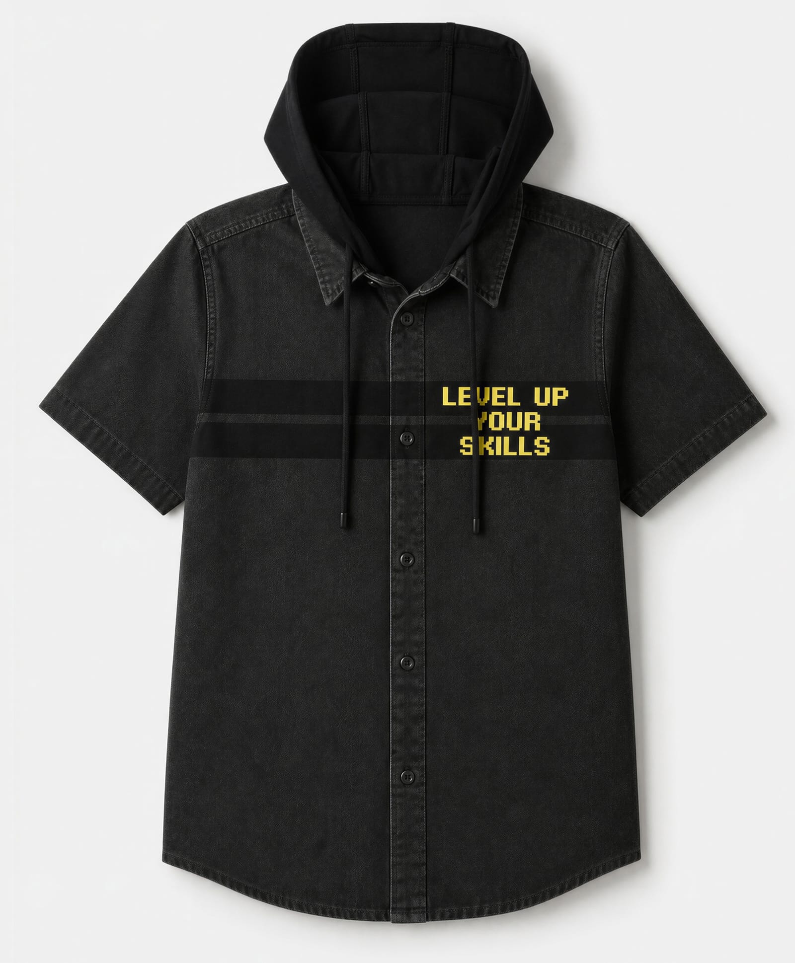 Pine Kids Cotton Woven Hooded Shirt with Half Sleeves and Level Up Your Skills Print - Black-image-3