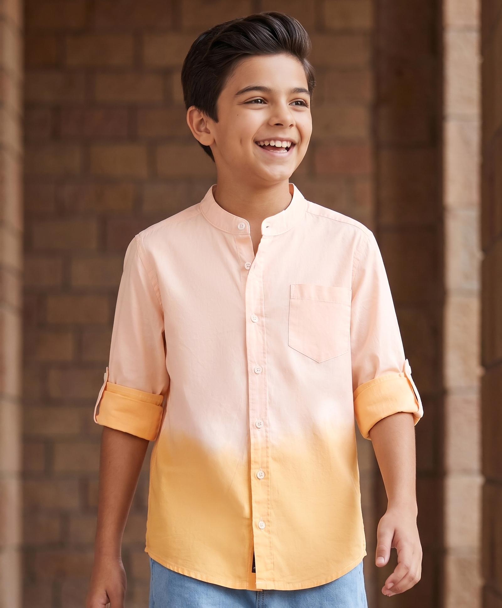 Pine Kids Cotton Woven Full Sleeves Solid Mandarin Collar Shirt with Ombre Effects- Orange-picture-18
