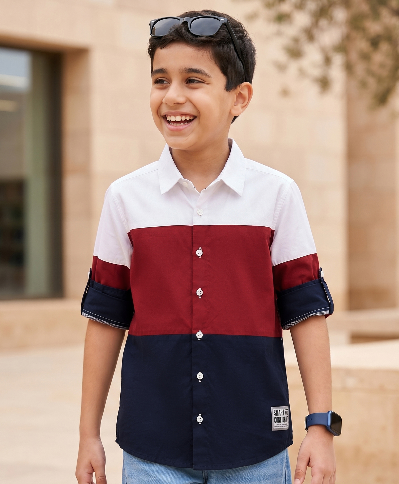 Pine Kids Cotton Woven Full Sleeves Colour Block Solid Colour Shirt - White Maroon & Navy-picture-12