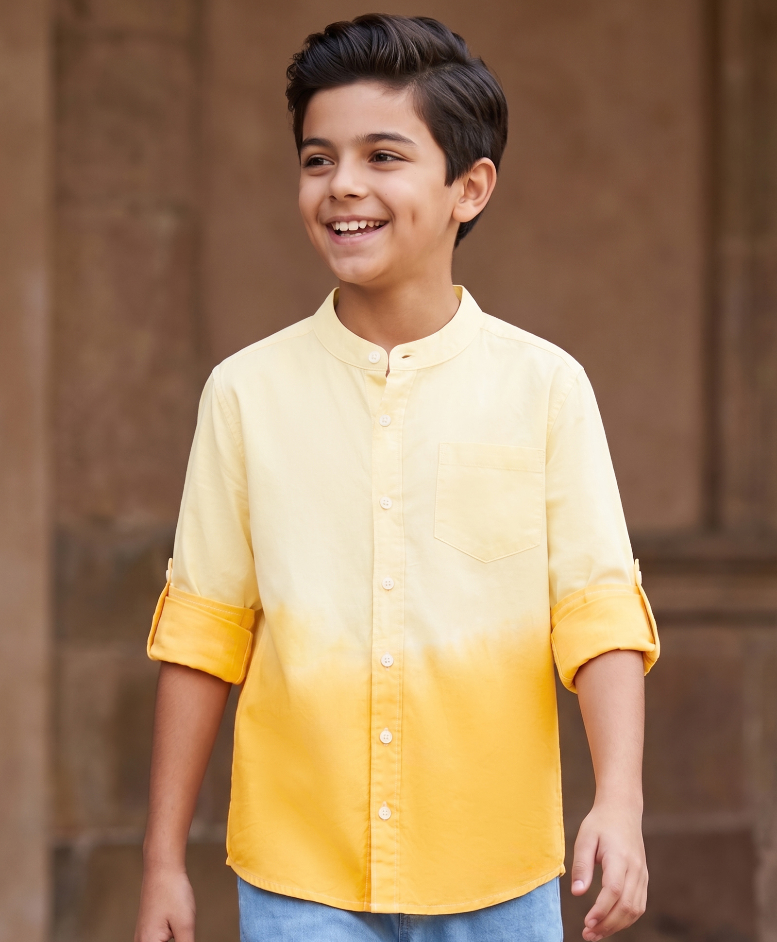 Pine Kids Cotton Woven Full Sleeves Solid Mandarin Collar Shirt with Ombre Effects- Yellow-picture-3