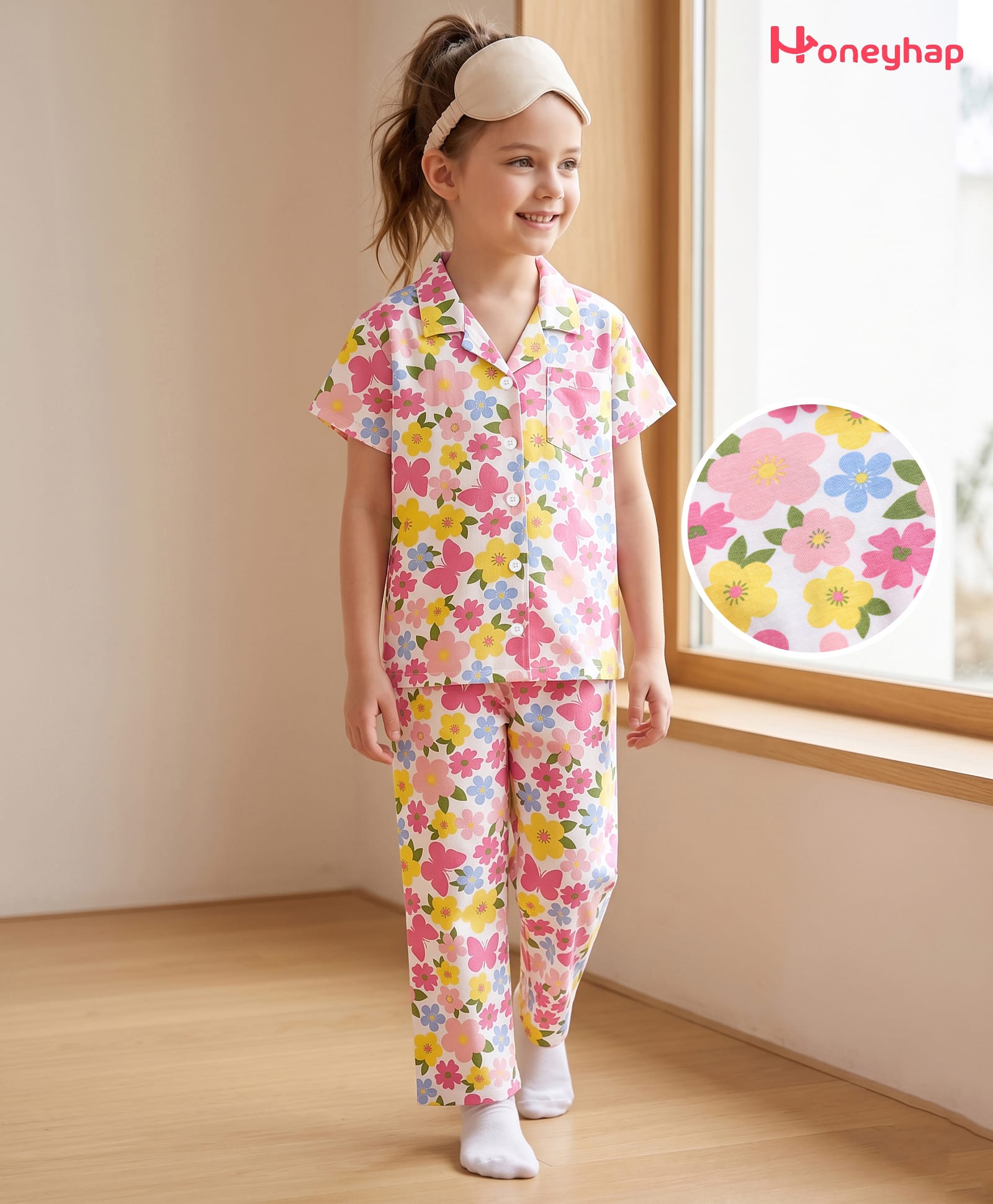 Honeyhap Premium Cotton Knit Half Sleeves Floral & Butterfly Printed Co-Ords Shirt & Pyjama Night Suit With Bio Wash- White & Pink-picture-19