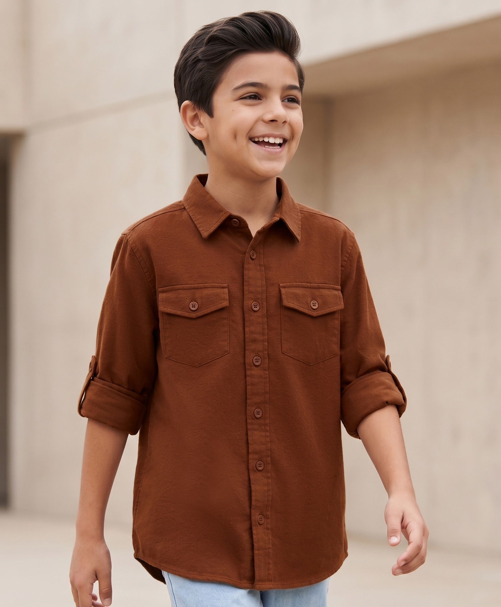 Pine Kids Cotton Woven Solid Shirts with Roll Up Sleeves Brown 7-8 Years-image-46