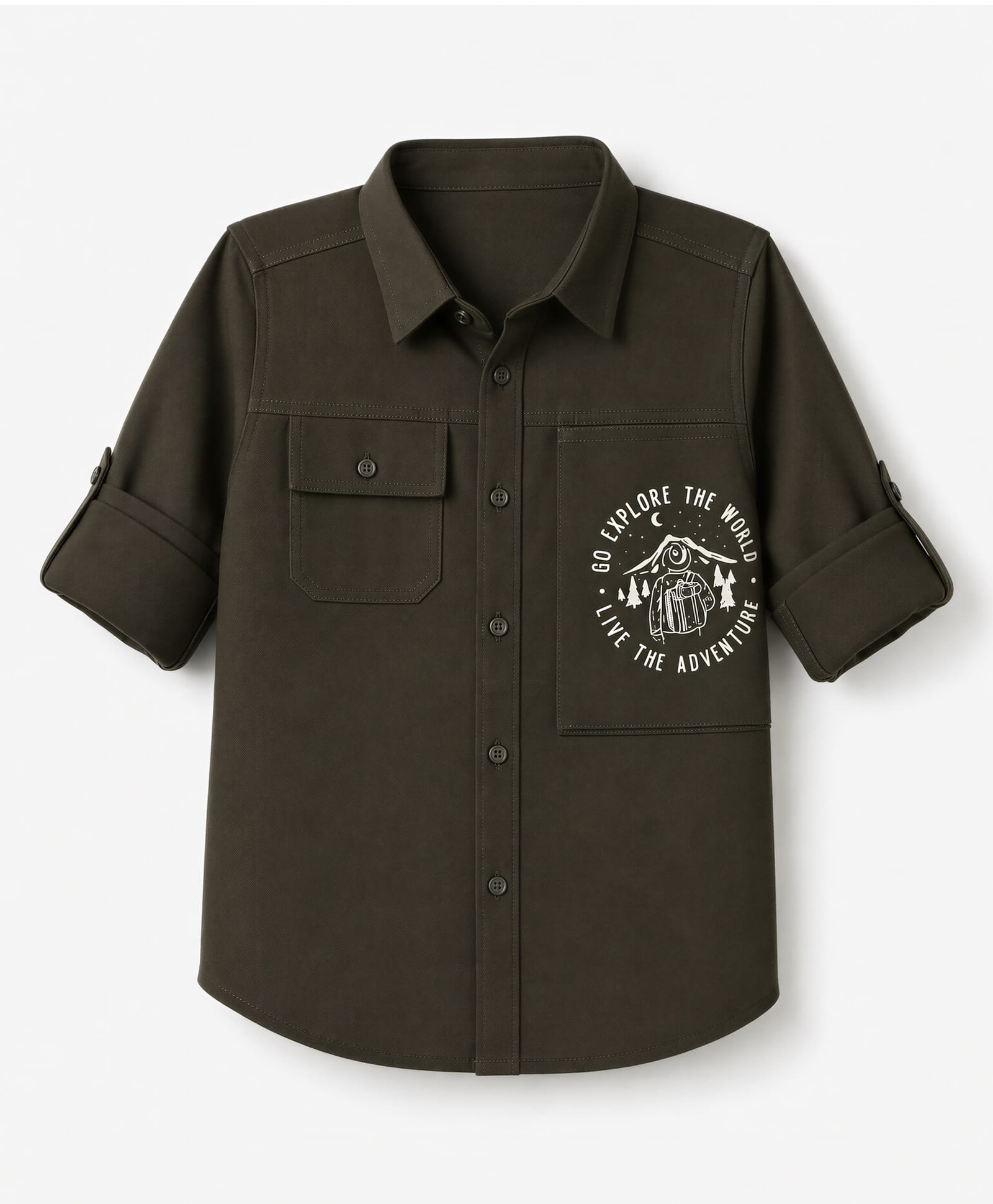 Pine Kids Cotton Woven Solid Shirt with Full Sleeves and Adventure Print - Olive Green-image-3