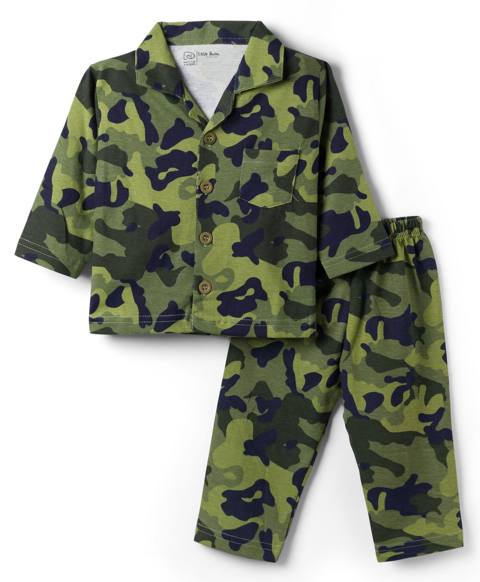 Little Darlings Single Jersey Knit Full Sleeves Co-Ords Camouflage Printed Shirt & Pajama Night Suit - Green-image-36