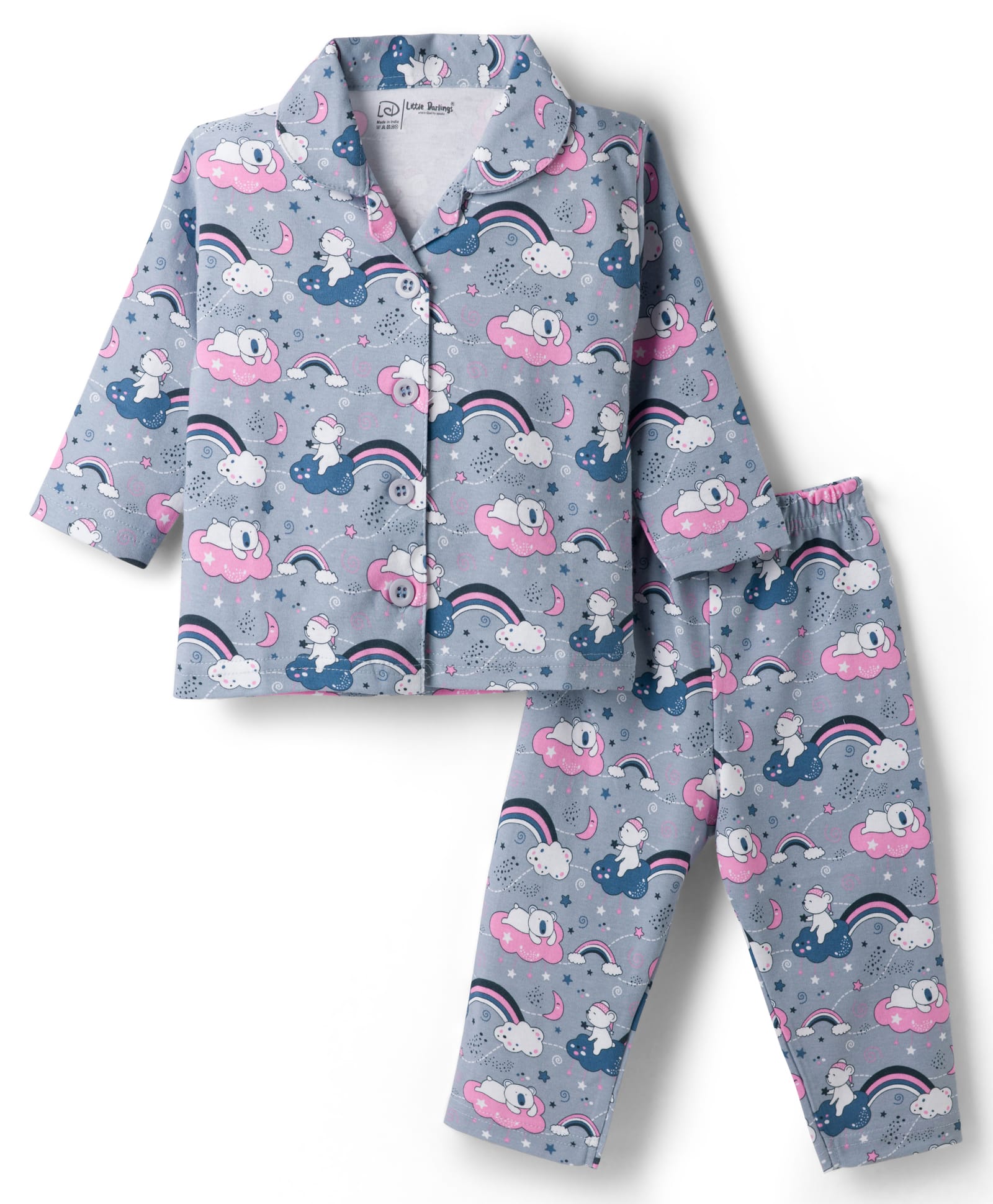 Little Darlings Single Jersey Knit Full Sleeves Bear & Rainbow Printed Co-Ords Shirt & Pajama Night Suit - Light Grey-image-9
