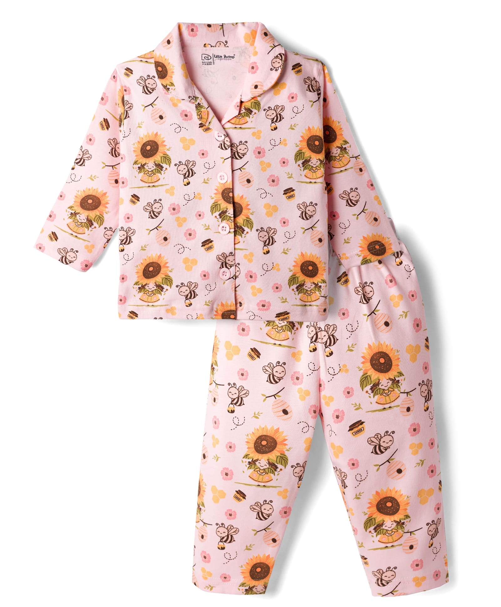 Little Darlings Single Jersey Knit Full Sleeves Floral & Bees Printed Co-Ords Shirt & Pajama Night Suit - Peach-image-12